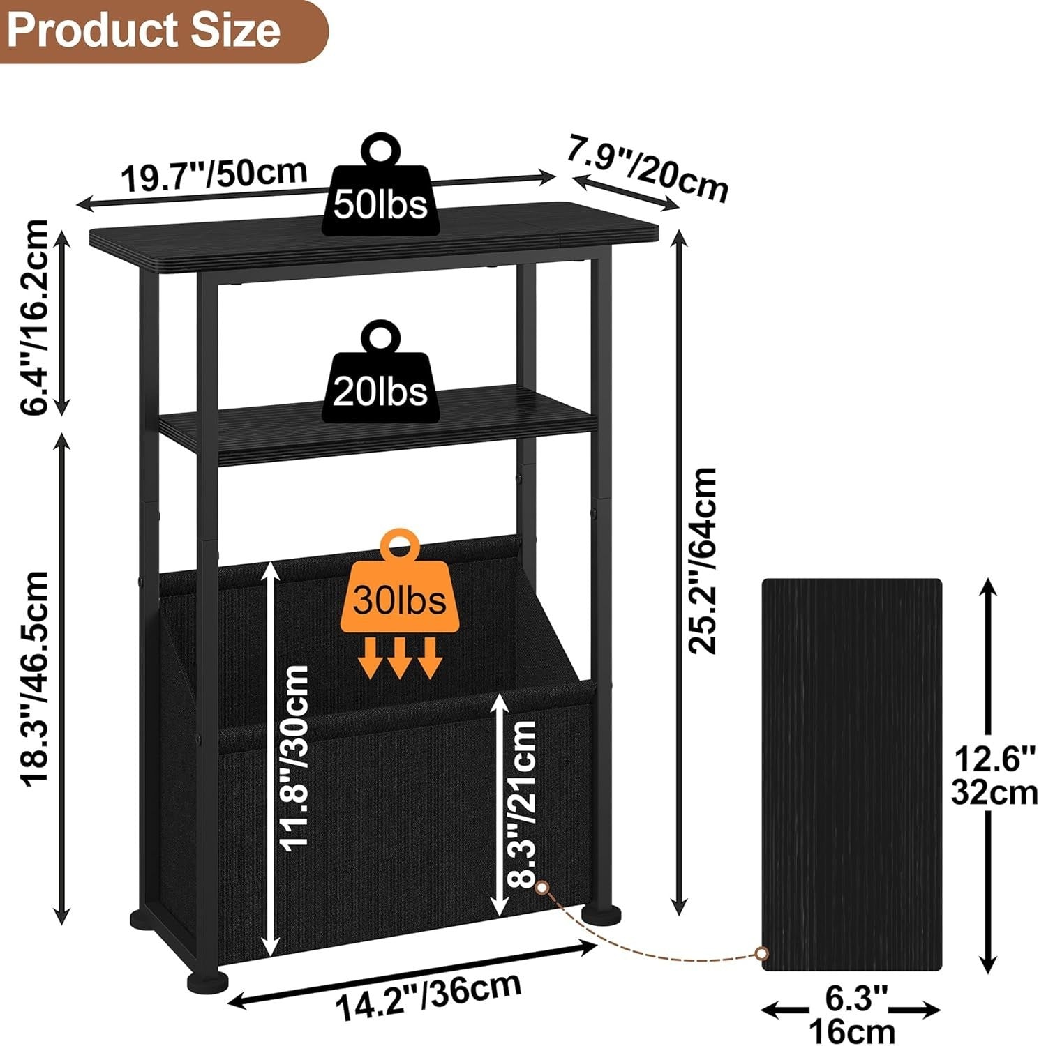 Slim Side Table with Basket Storage – 3-Tier Narrow Bedside Sofa Table Black
