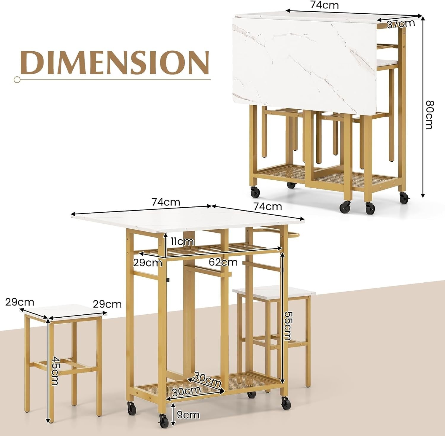 3-Piece Folding Dining Table & Stools Set White Golden with Wine Rack