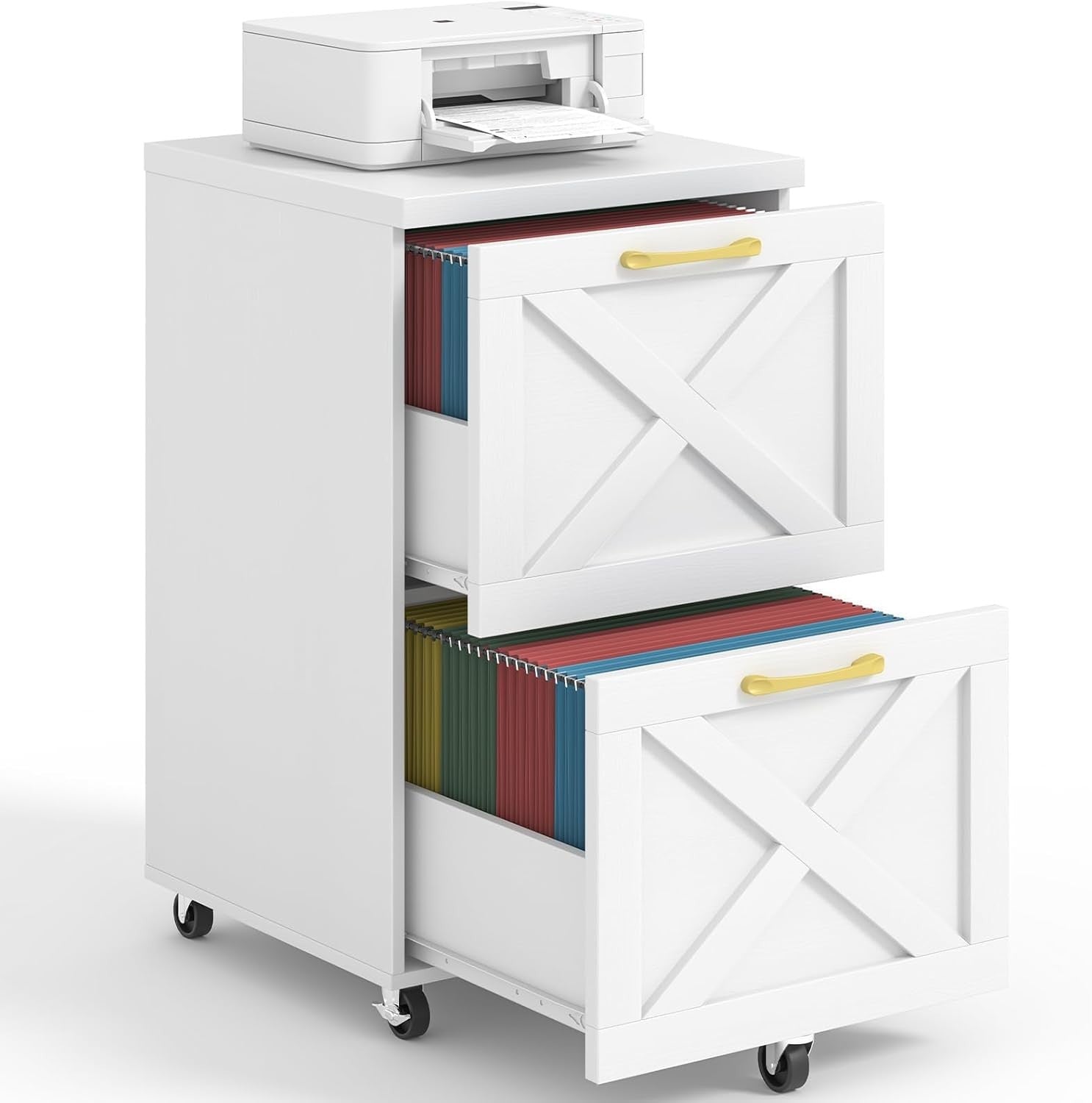 Farmhouse Rolling File Cabinet 2 Drawer A4 Letter Under Desk White