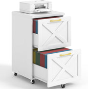 Farmhouse Rolling File Cabinet 2 Drawer A4 Letter Under Desk White