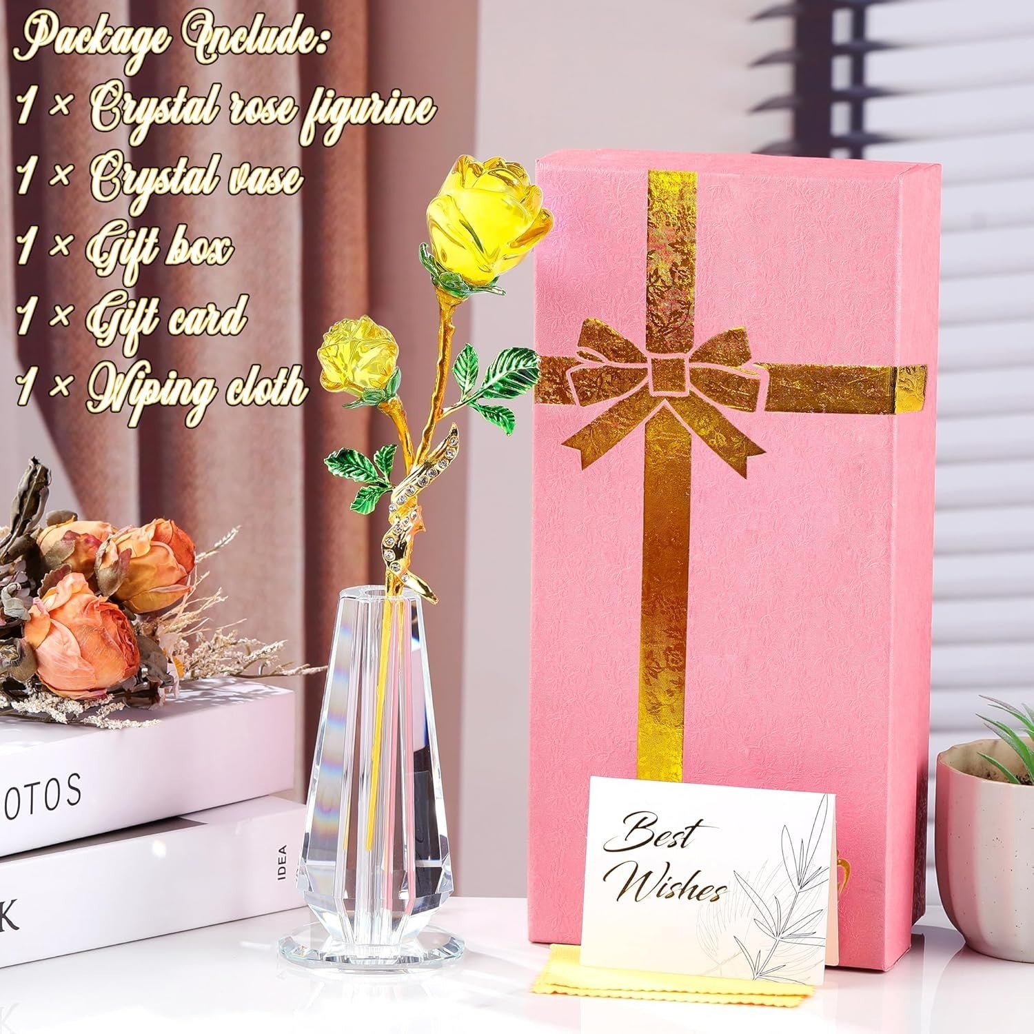 Yellow Crystal Rose Ornament with Vase – Luxury Glass Flower Gift for Her Décor