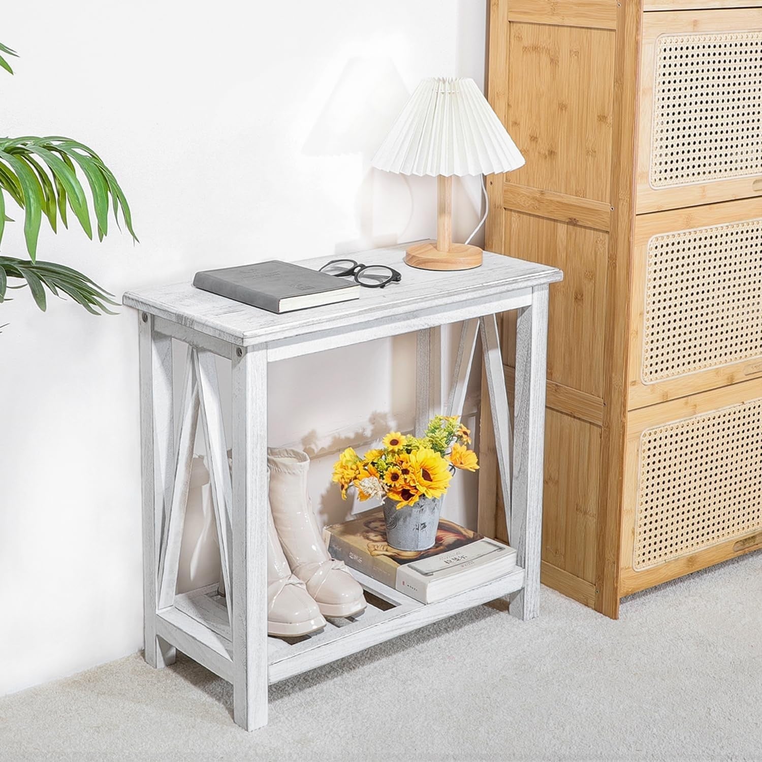 Slim Farmhouse End Table with Storage Shelf, Rustic White, Space-Saving