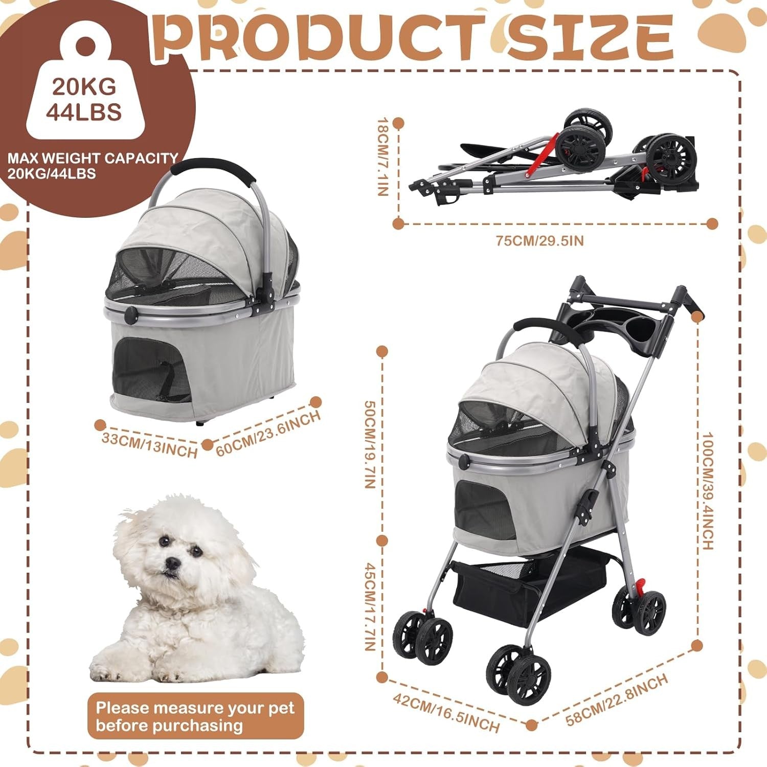 Pet Travel Stroller 3 in 1 Dog Cat Pushchair Folding Carrier Pram Grey