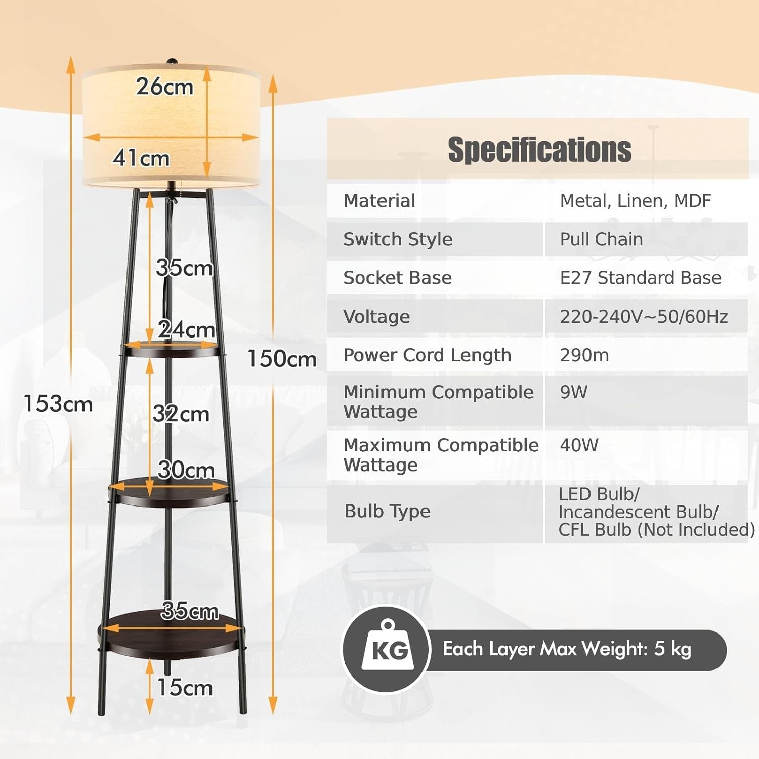 Tripod Floor Lamp with 3 Wooden Shelves & Linen Shade, E27 Socket