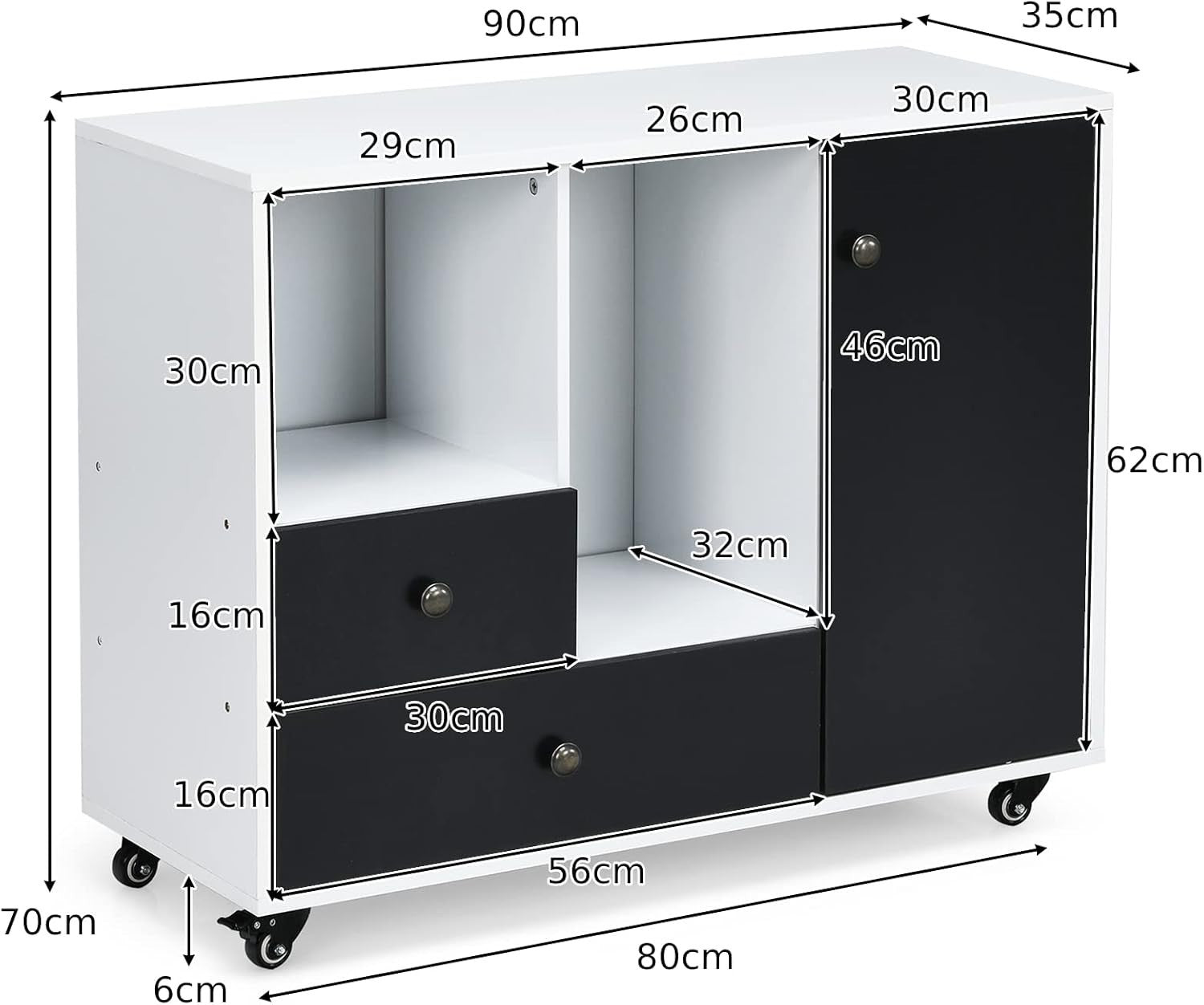 Black White Mobile File Cabinet 90cm Printer Stand Storage Unit