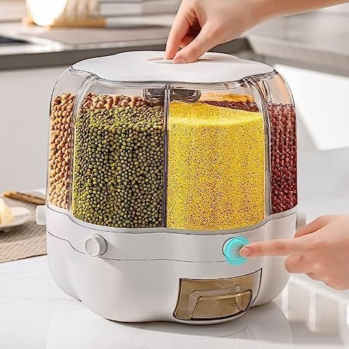 10KG 6 Grid Rotating Cereal Dispenser 360° Grain Storage Container