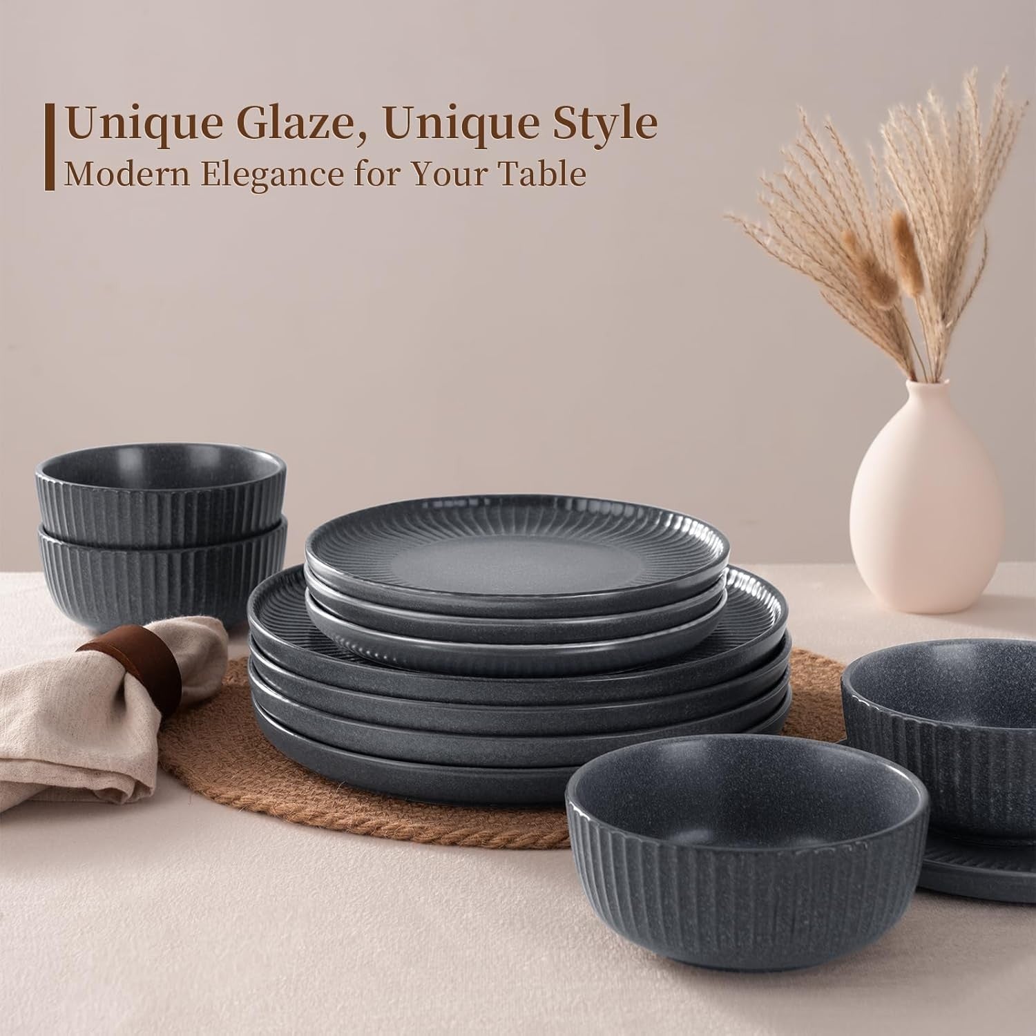 18 Piece Stoneware Dinner Set Plates Bowls Reactive Glaze Dishwasher Safe