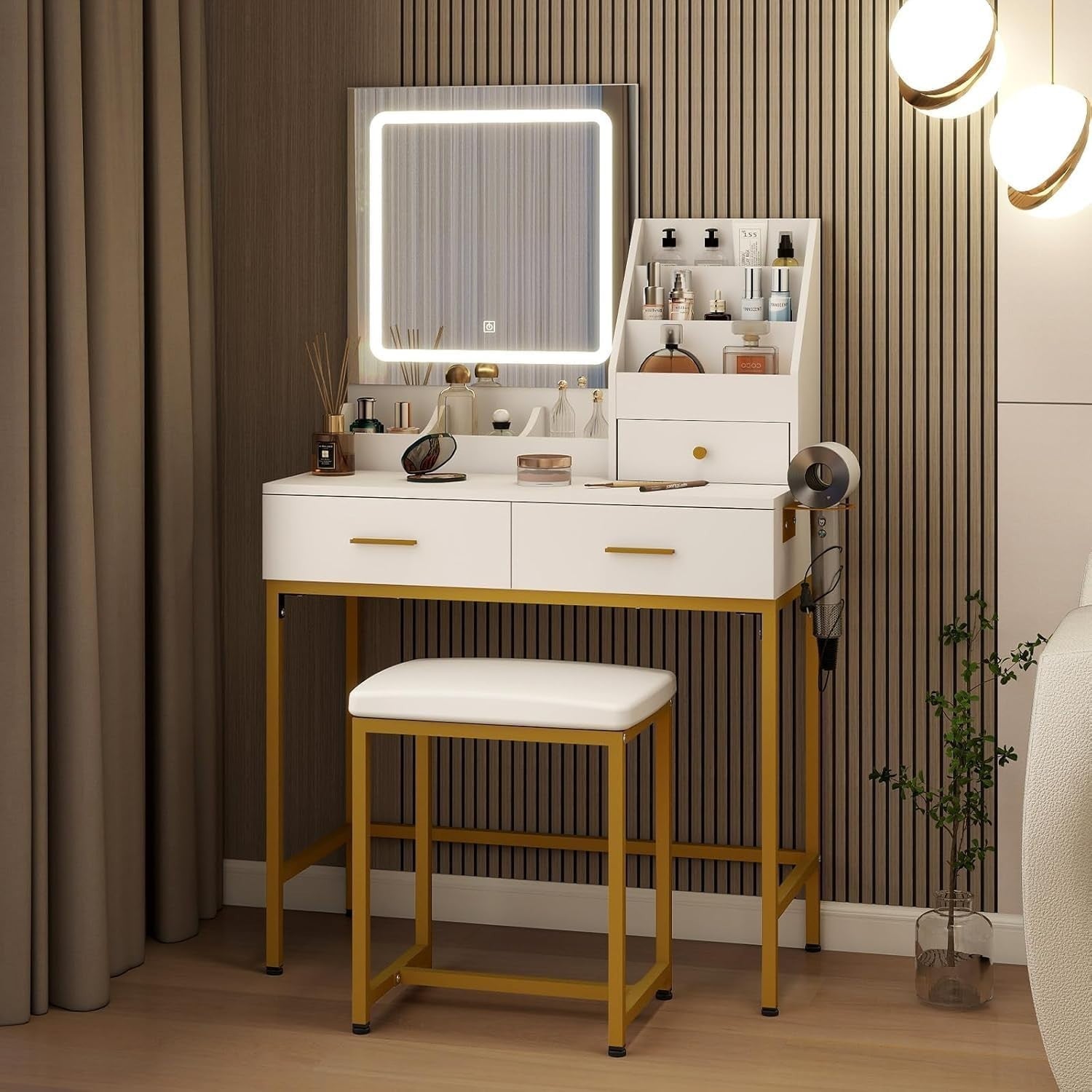 Vanity Makeup Dressing Table with LED Mirror 3-Color Light & Storage White/Gold