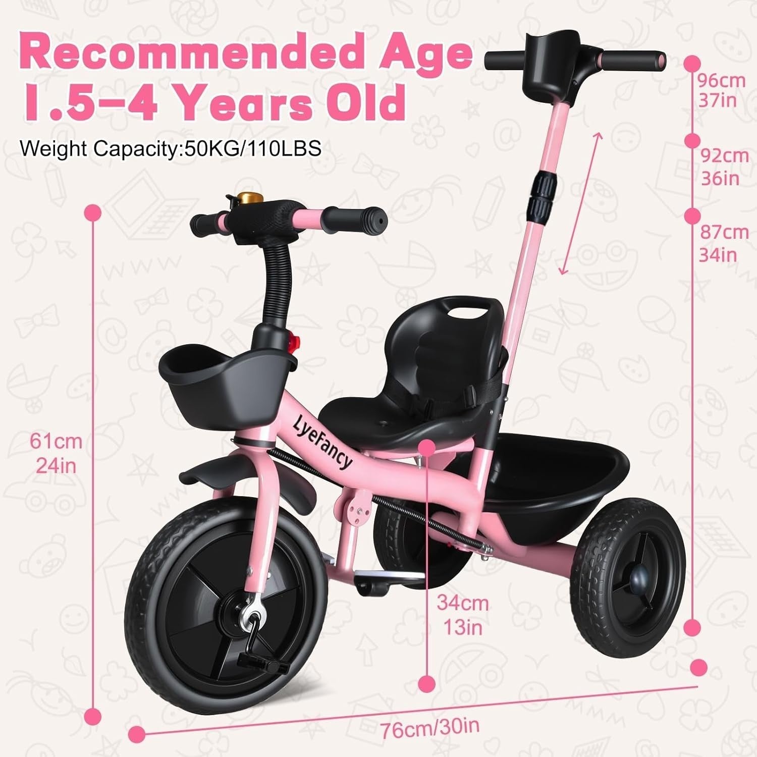Kids Tricycle 2 In 1 Push Trike Parent Handle Adjustable Seat Basket Pink