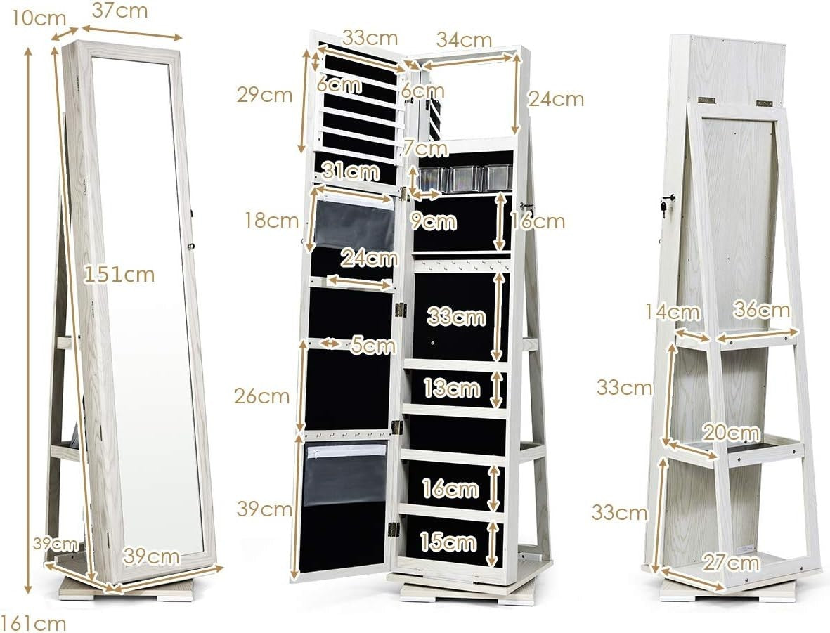 White 360° Swivel Jewelry Cabinet Mirror Lockable 3-in-1 Storage Stand