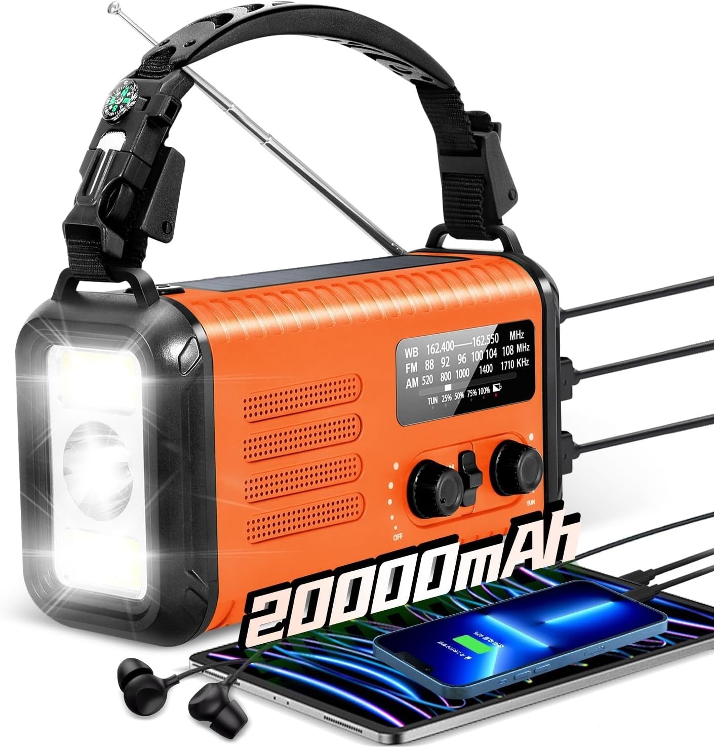 Wind Up Solar Emergency Radio 20000mAh AM/FM NOAA SOS Torch Orange