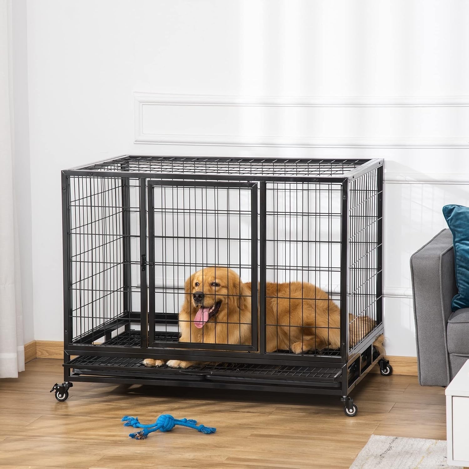 Heavy Duty Metal Dog Crate 43" Large Kennel Cage with Wheels & Tray Black