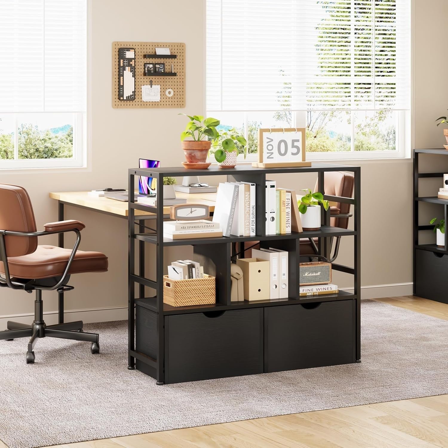 4 Tier White Bookcase with 2 Drawers Modern Storage Shelf for Living Room Black