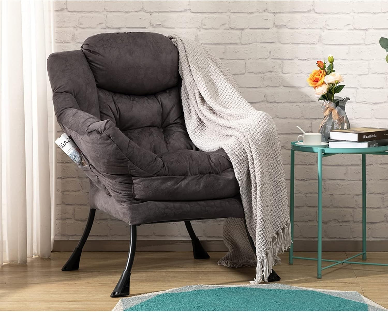 Grey Brown Velvet Armchair Lounge Chair Reading Chair Living Room Sofa Accent