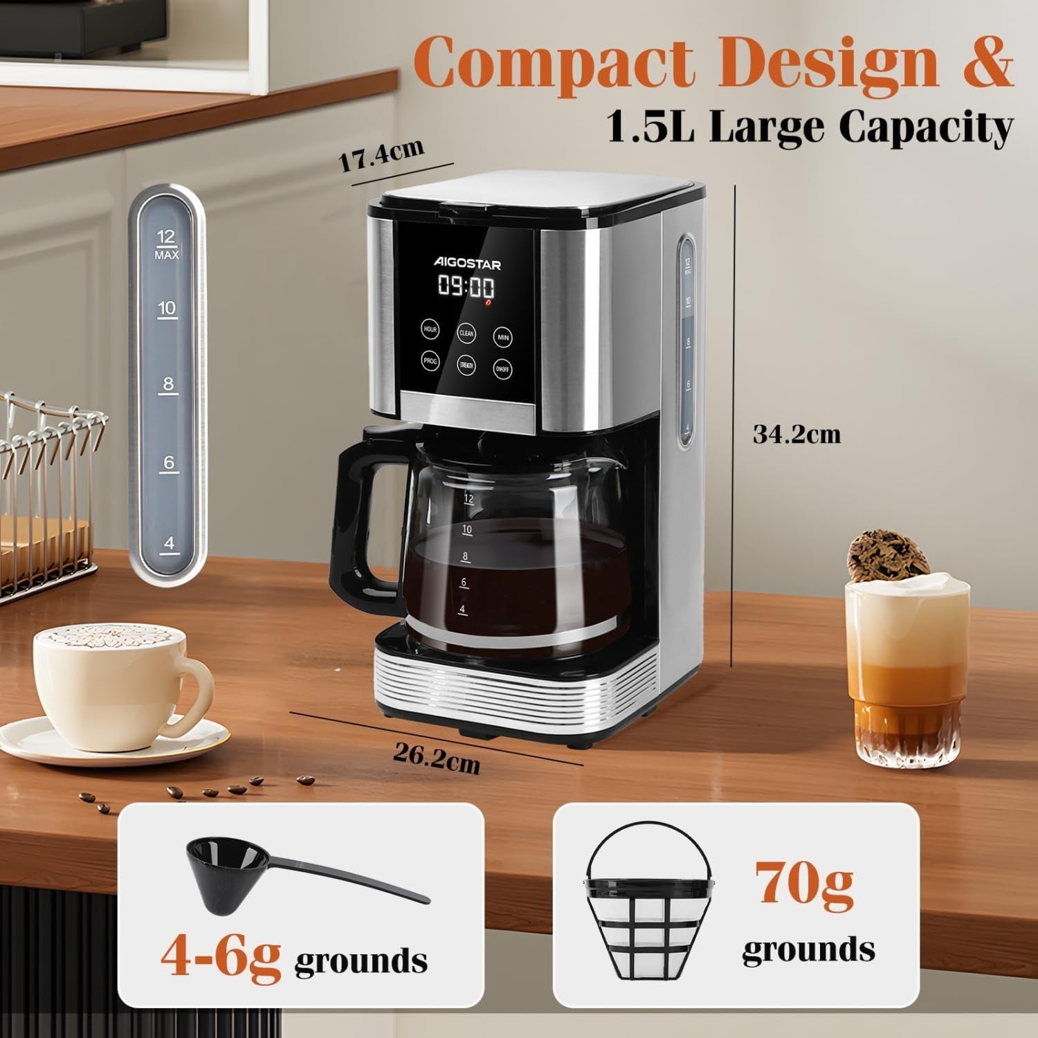 Filter Coffee Machine 1.5L | LED Touch Screen | Programmable Timer