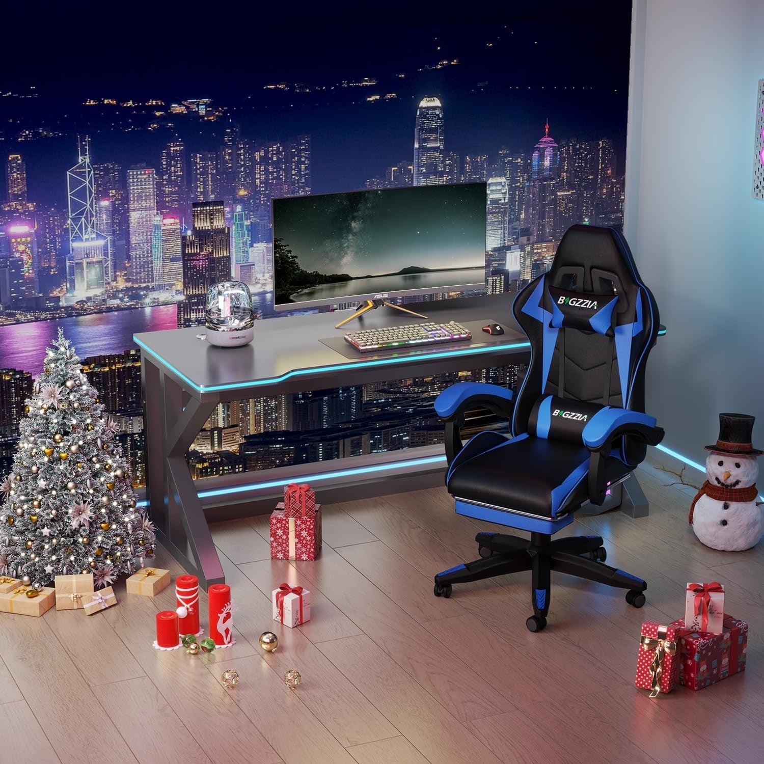 Ergonomic Gaming Chair Blue Reclining Office Chair with Footrest
