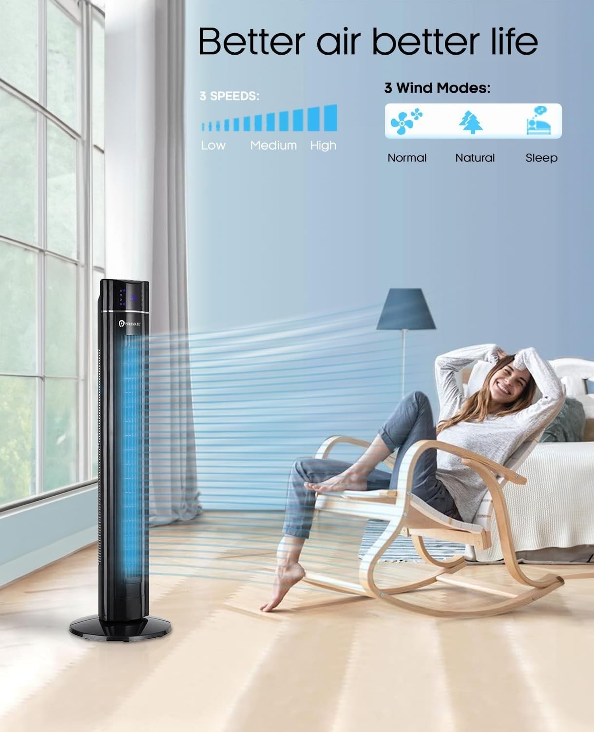 43-Inch Oscillating Tower Fan with Remote – 3 Speed Bladeless Cooling Fan