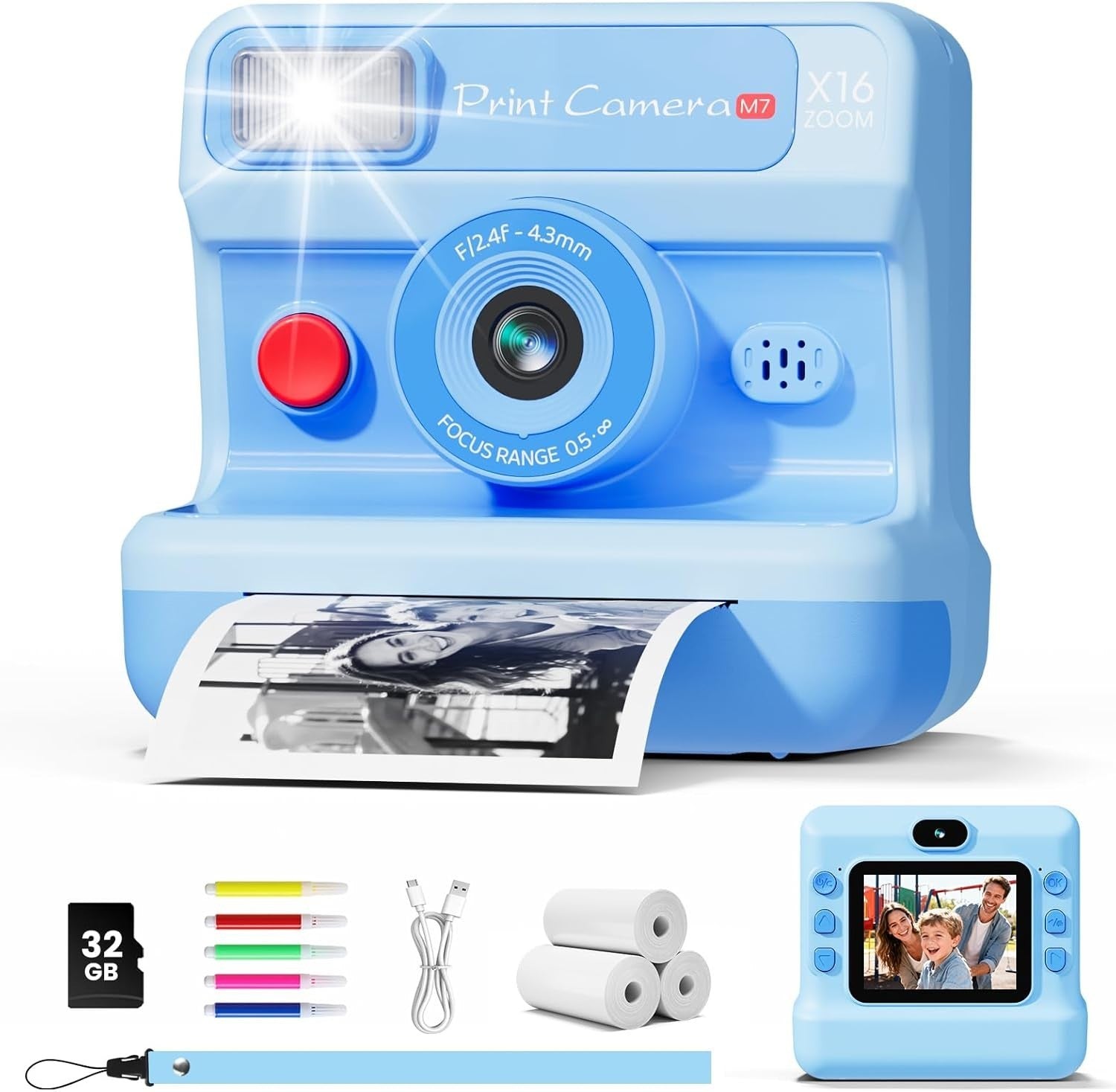 Kids Instant Print Camera 1080P HD Selfie Camera 32GB Card & Paper
