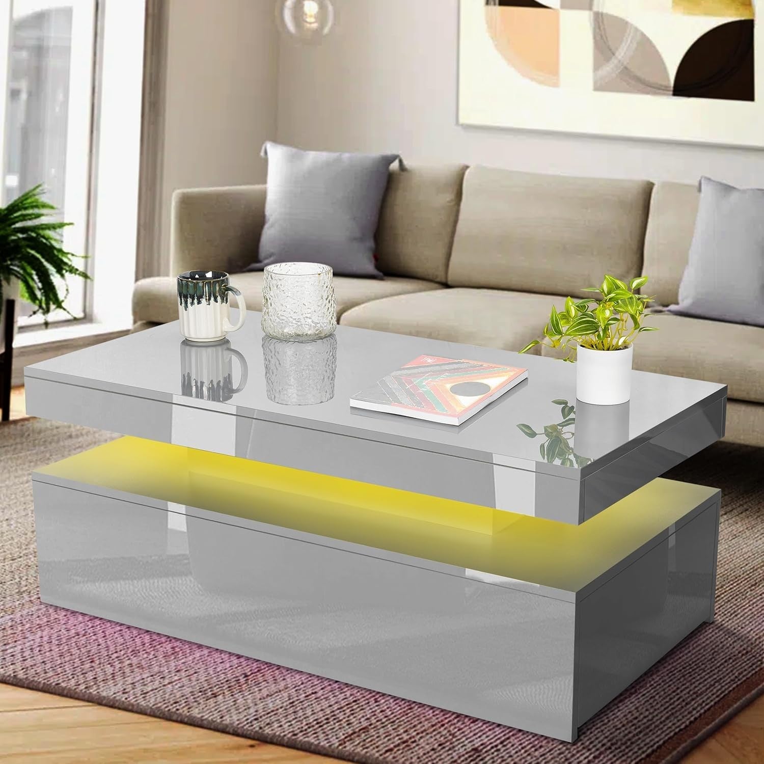 Grey High Gloss Coffee Table with LED Lights & 2 Drawers | 94cm Storage