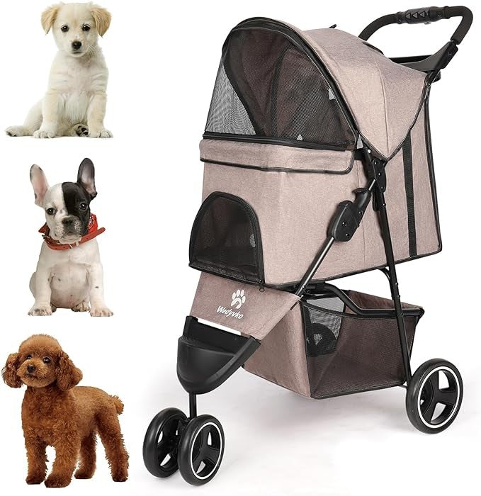 Dog Stroller Folding Pet Buggy 3 Wheel Travel Pram with Storage Basket