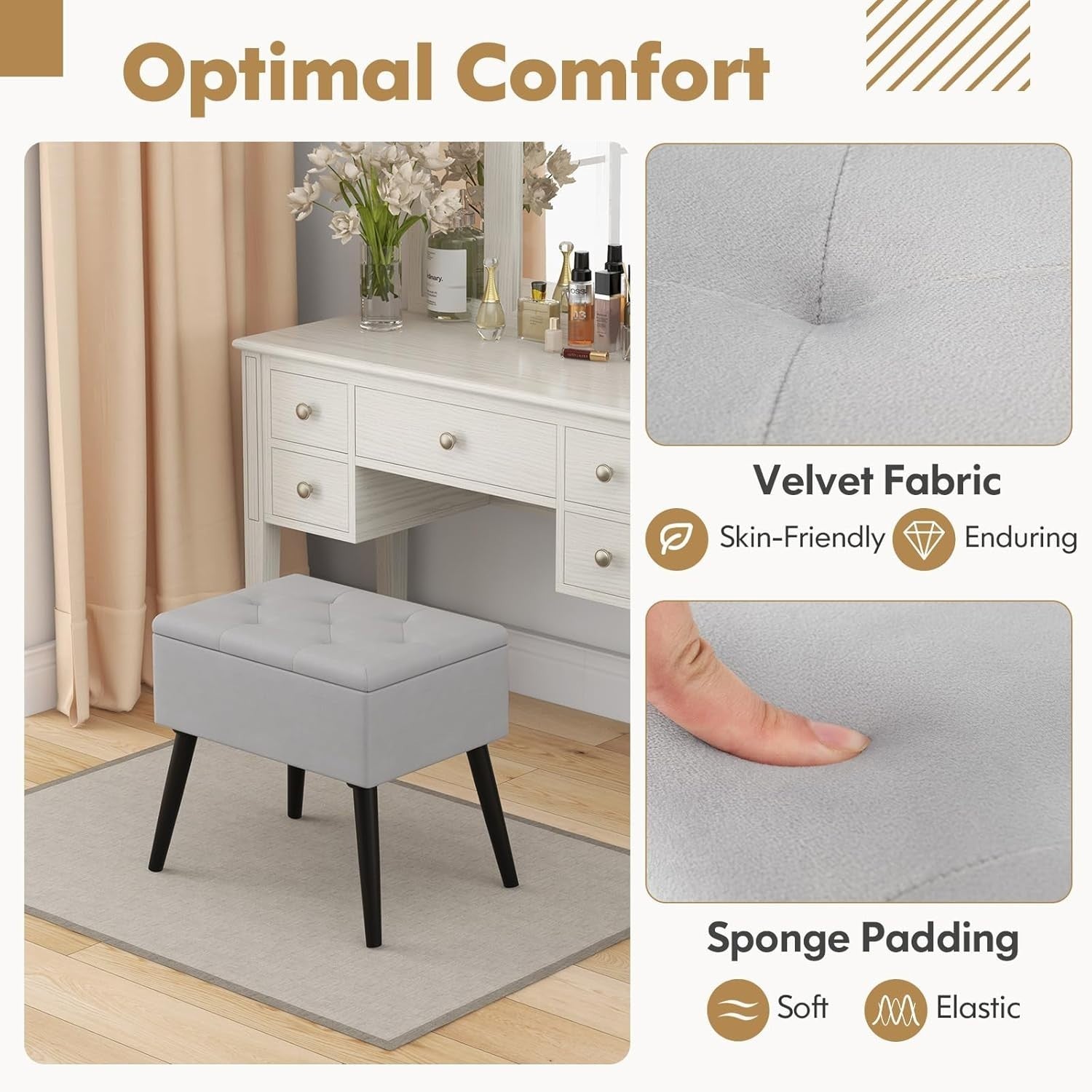 Grey Velvet Flip-Top Storage Footstool Ottoman Vanity Stool with Wood Legs