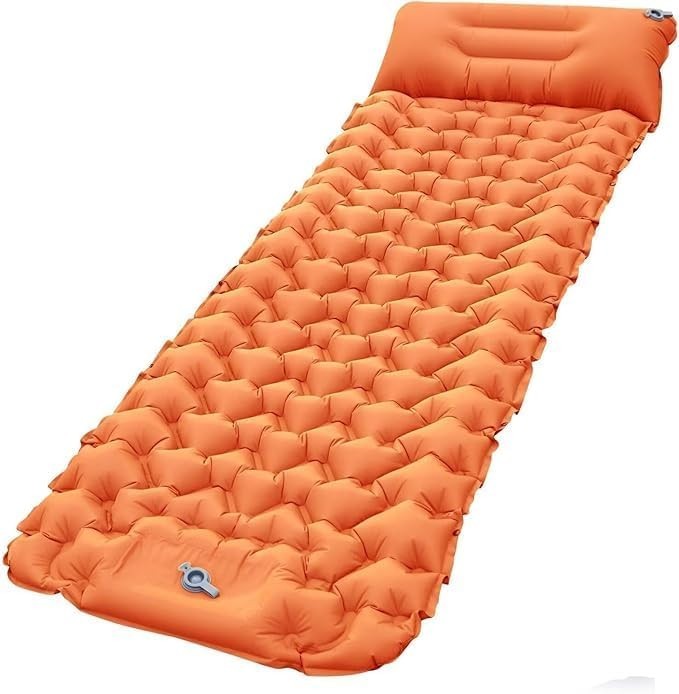 Orange Inflatable Camping Sleeping Pad – Foot-Pump, Portable, 190x120x5cm