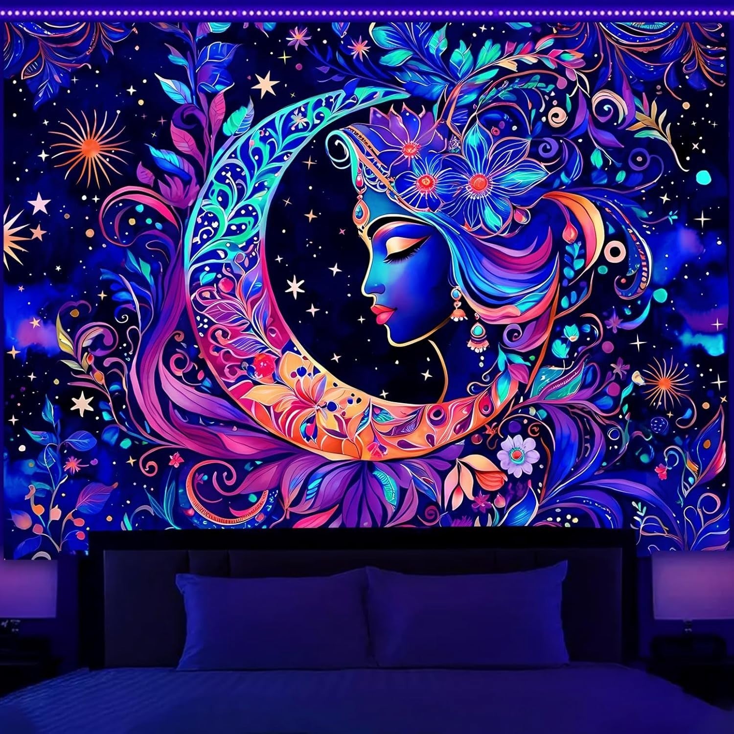 UV Reactive Moon & Star Mandala Tapestry Boho Wall Art