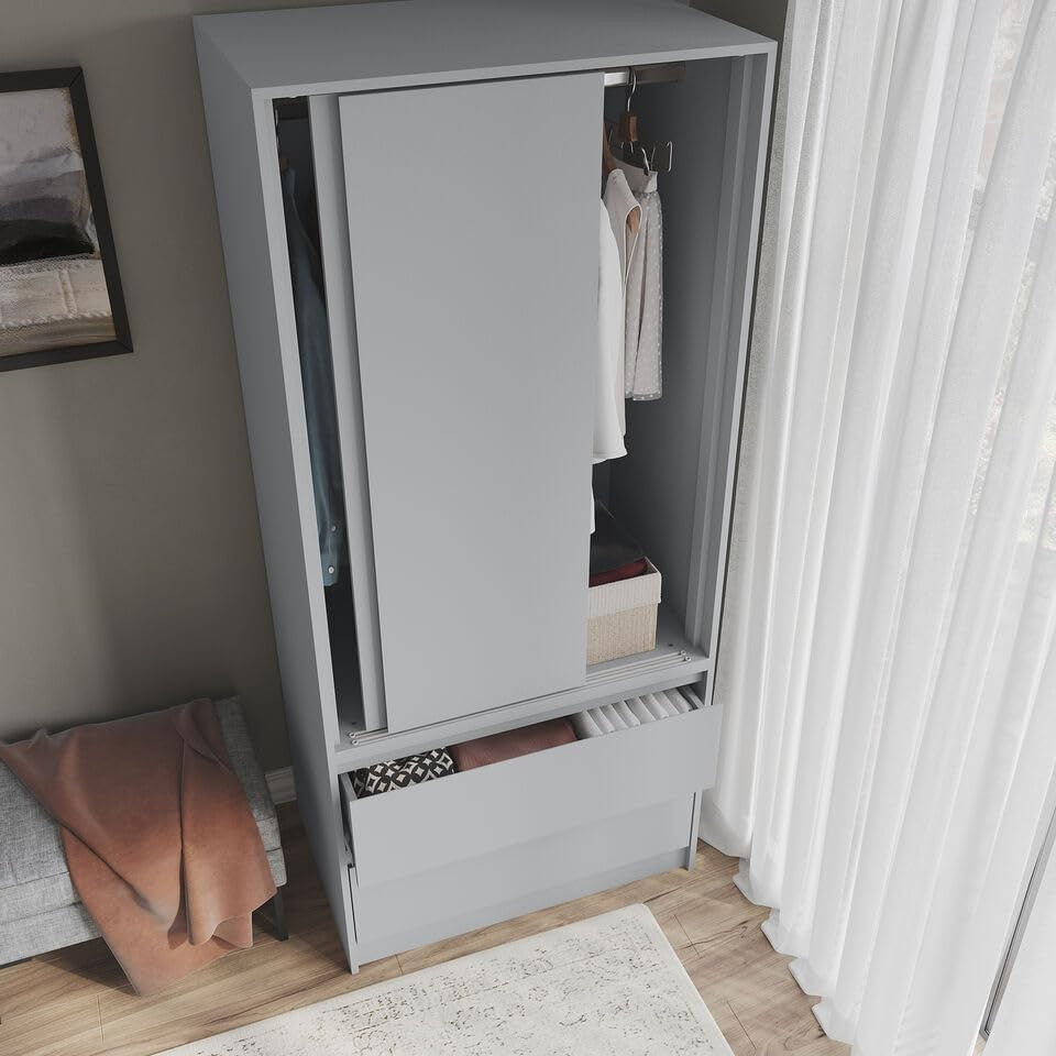 2-Door 2-Drawer Sliding Wardrobe with Adjustable Feet & Silent Doors, 180cm