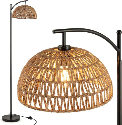 Arc Floor Lamp Natural Rattan Shade Black Stand Corner Reading Light 160cm