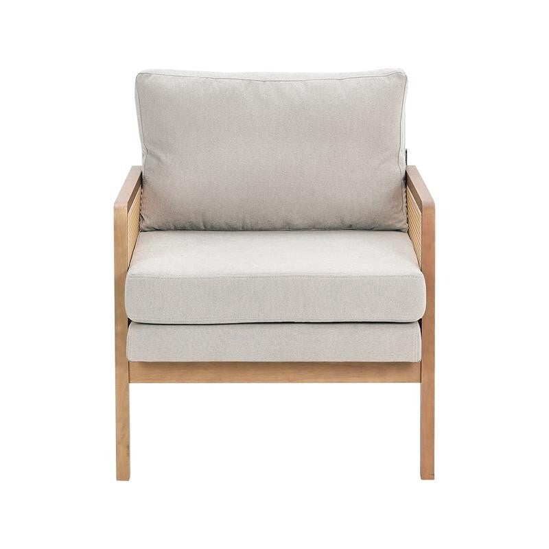 Beige Rattan Armchair with Cushions – Wooden Lounge Chair for Living Room