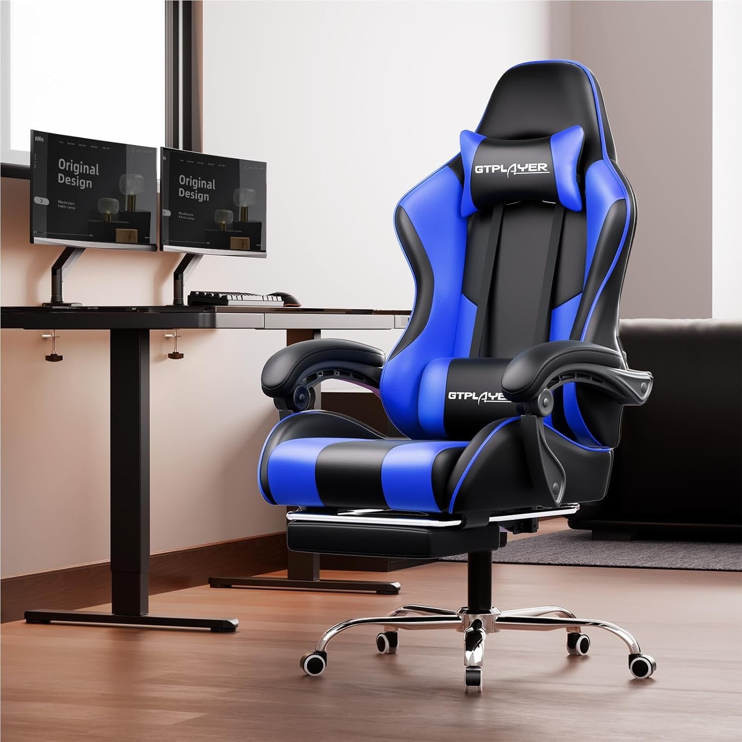 Ergonomic Gaming Chair with Footrest Massage Reclining Blue PC Seat