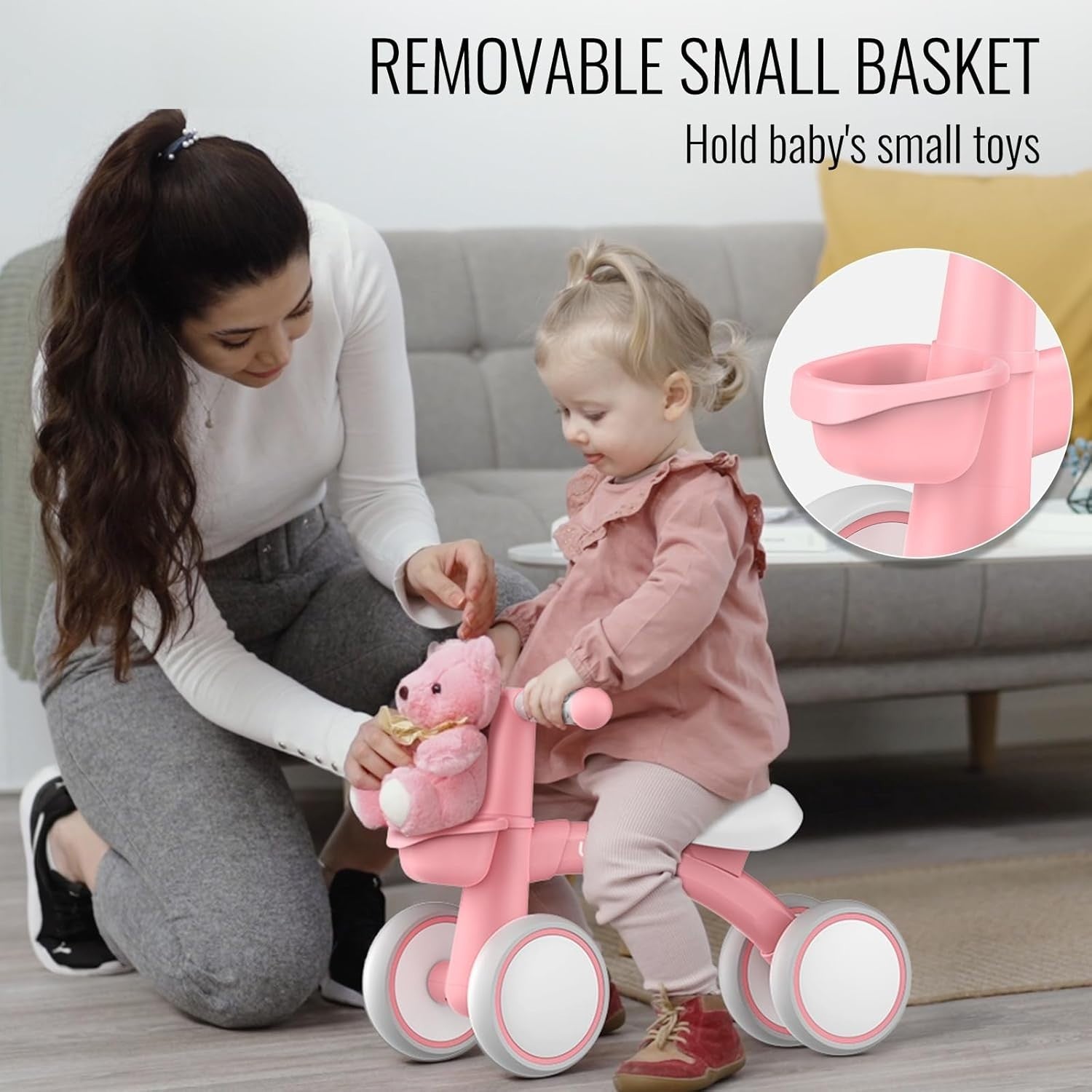 Toddler Balance Bike 12-24 Months Adjustable Seat 4 Wheel Pink