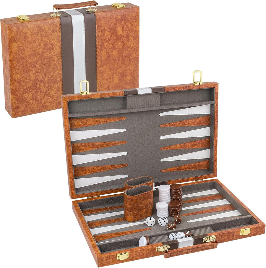 15 Inch Backgammon Set Leather Case Folding Board Portable Travel Game