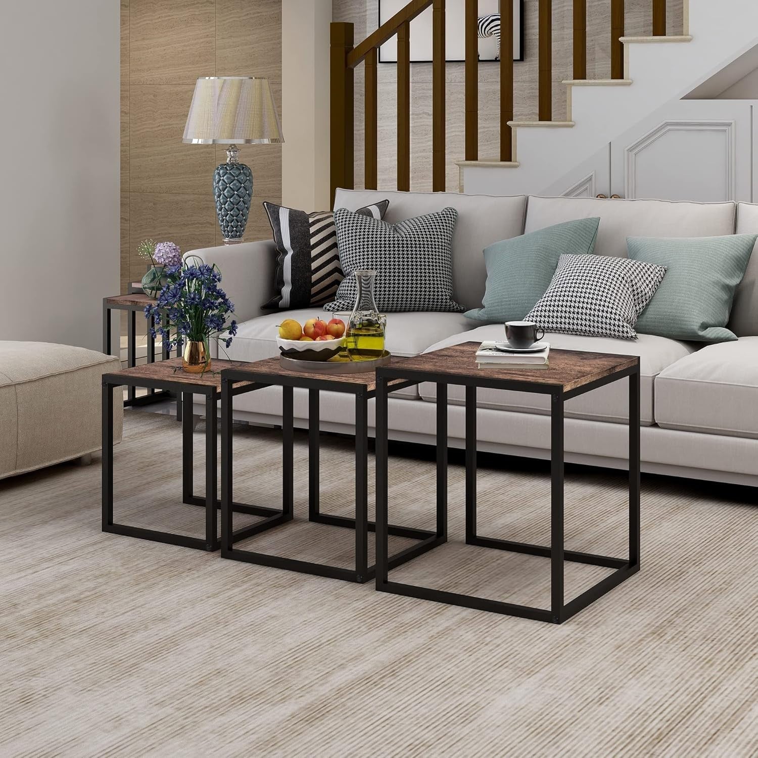 Space Saving Nesting Coffee Table Set of 3 Brown Square End Side Tables Living R