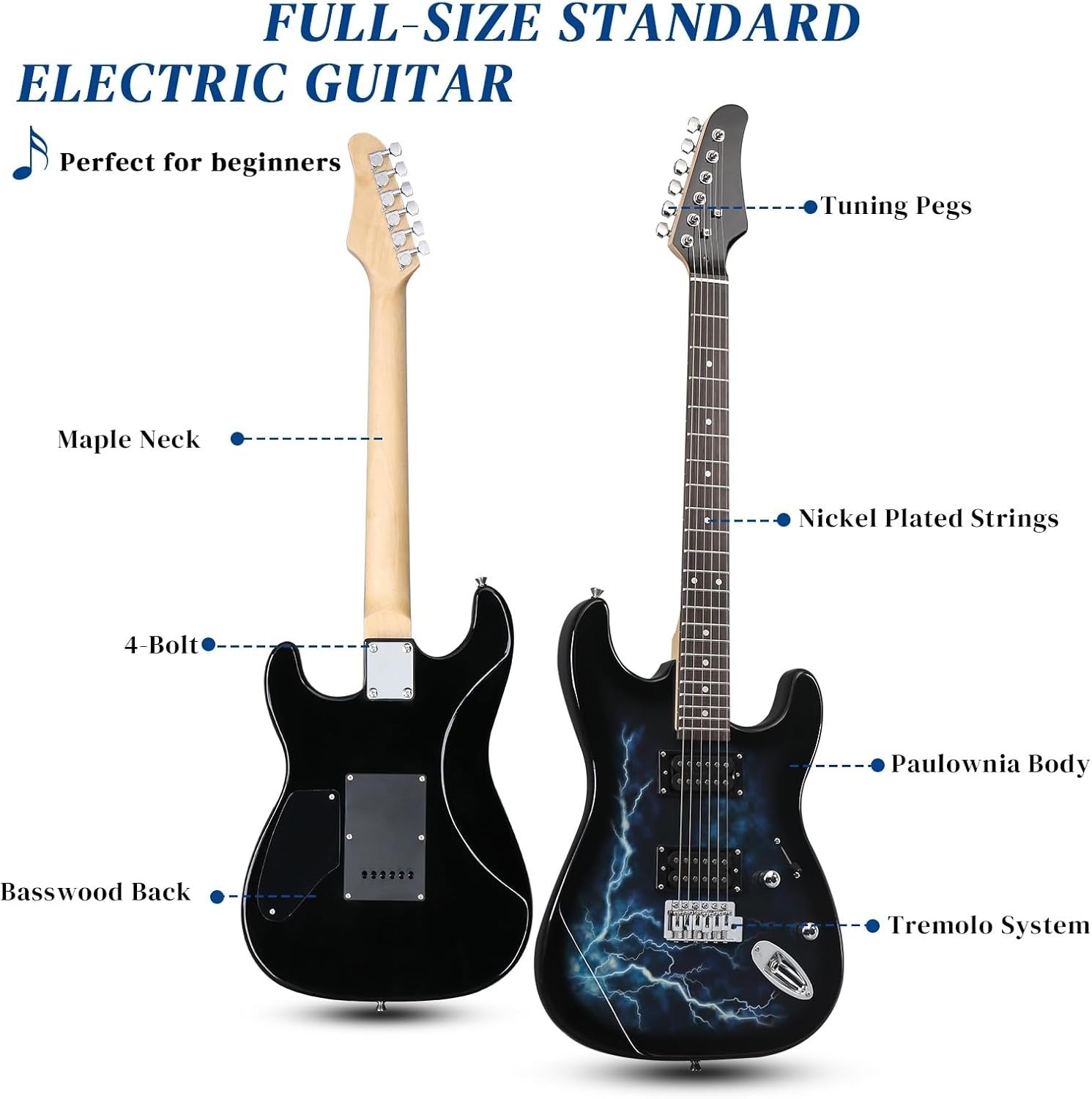39in Electric Guitar H-H Pickups Beginner Kit Blue w/Bag