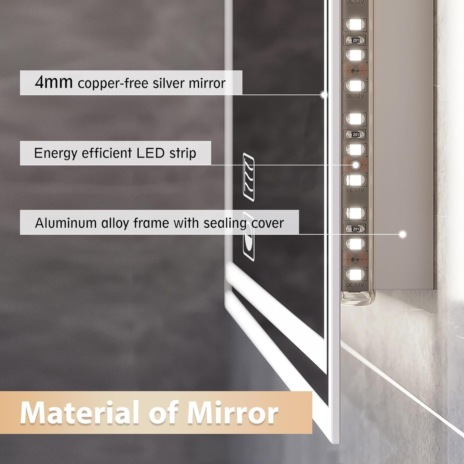 LED Bathroom Mirror 100x60cm with Demister, Dimmable Lights, Touch Sensor