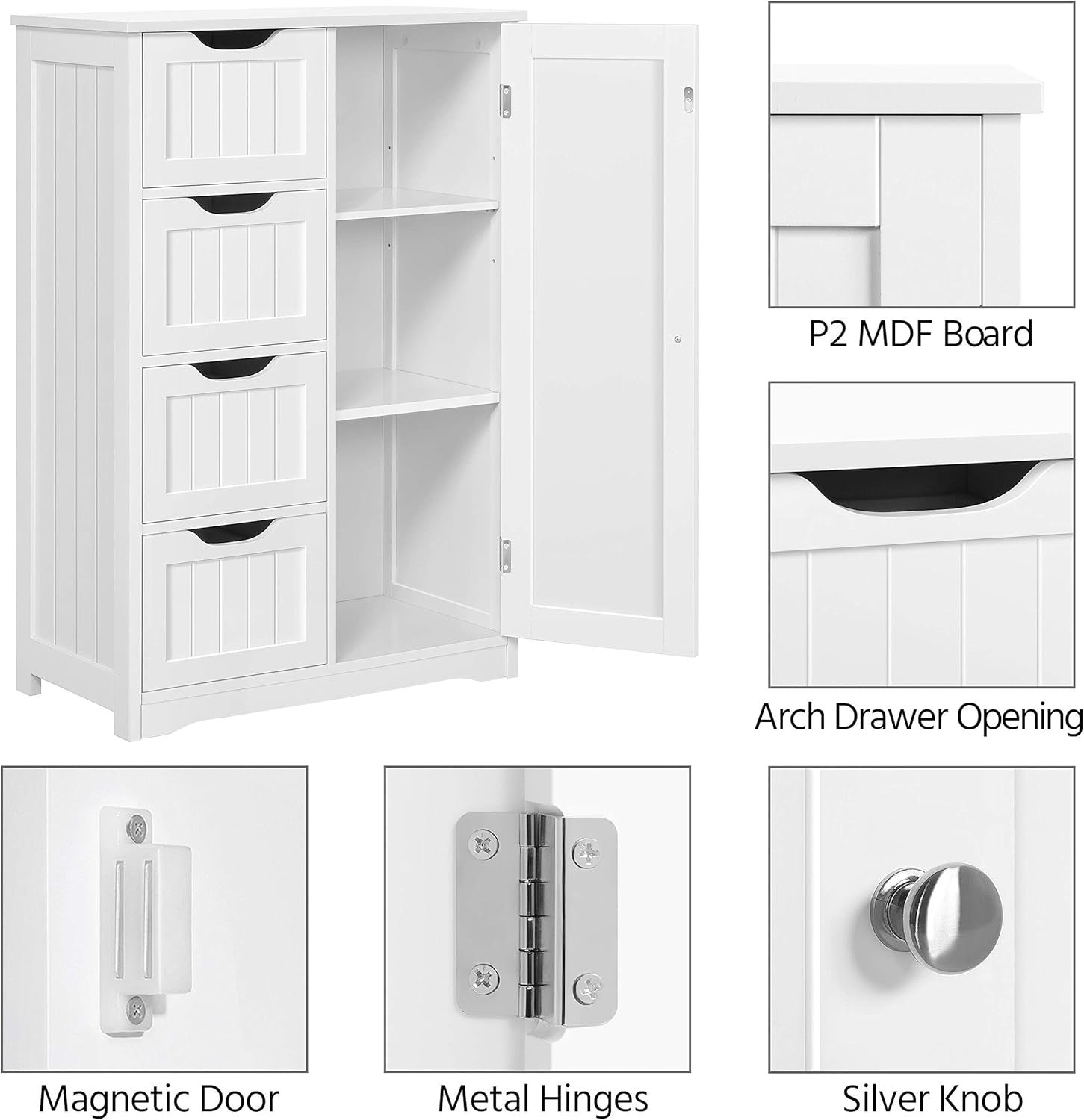 White Wooden Bathroom Cabinet 4 Drawer Storage Cupboard Organizer Unit