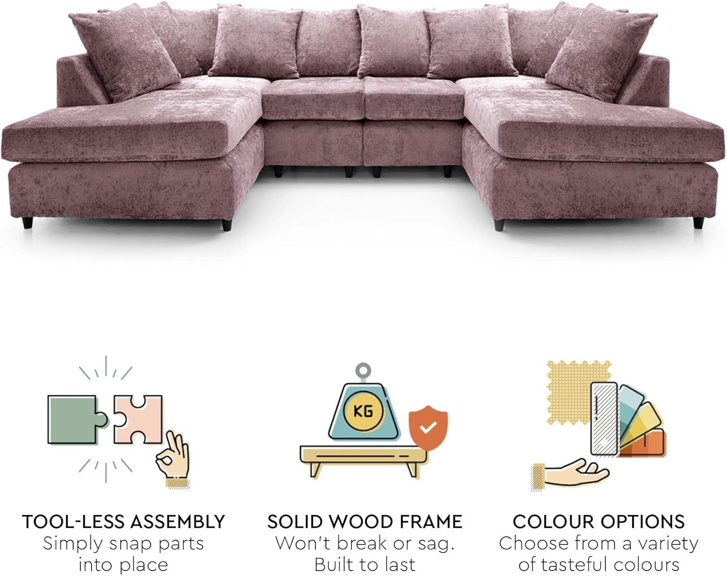 U-Shaped Sofa Pink Chenille w/ Cushions + Footstool | 280x164x90cm Modern