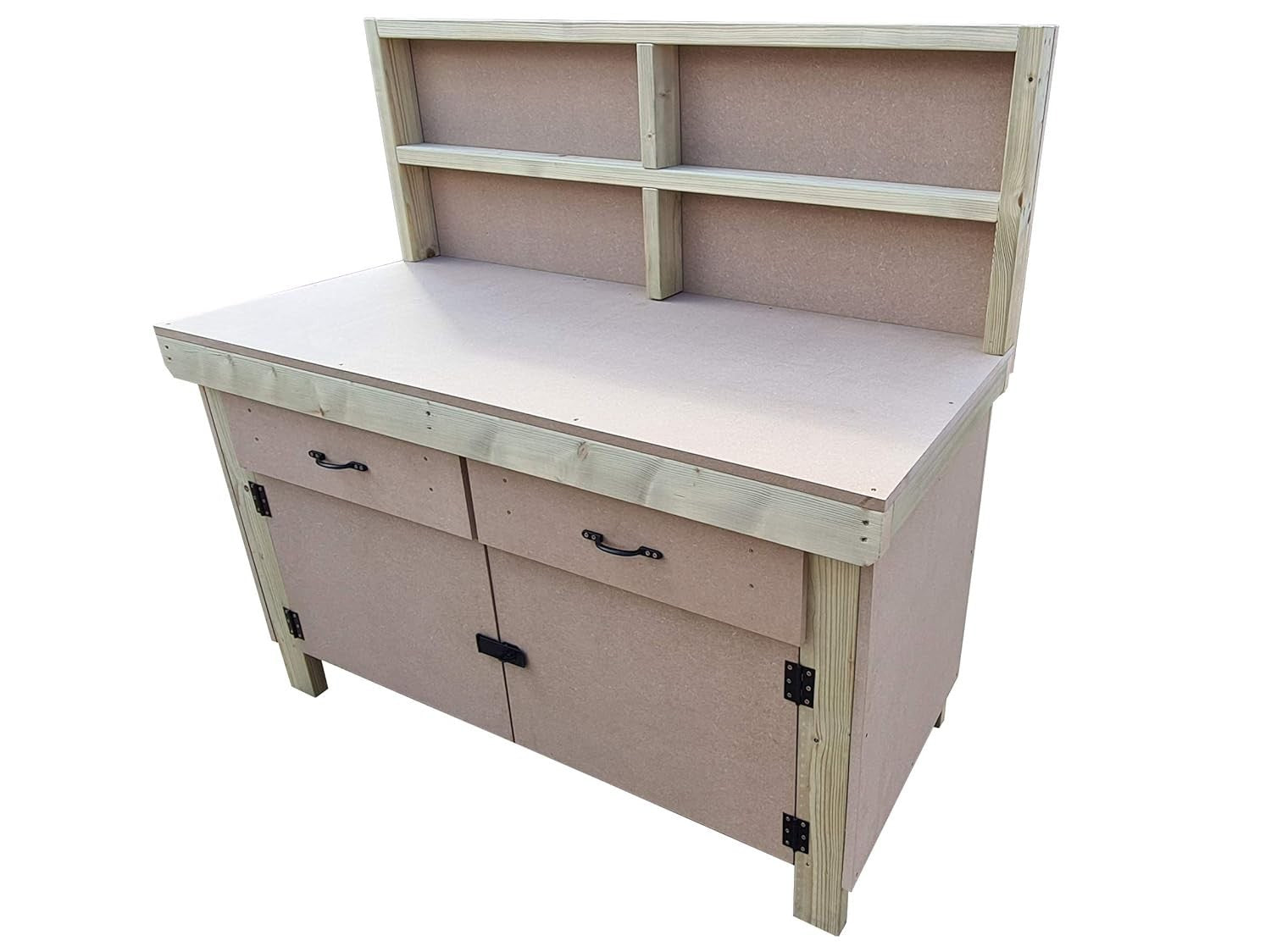 6ft Wooden Workbench with Drawers, Lockable Cupboard & Back Panel – 18mm MDF Top