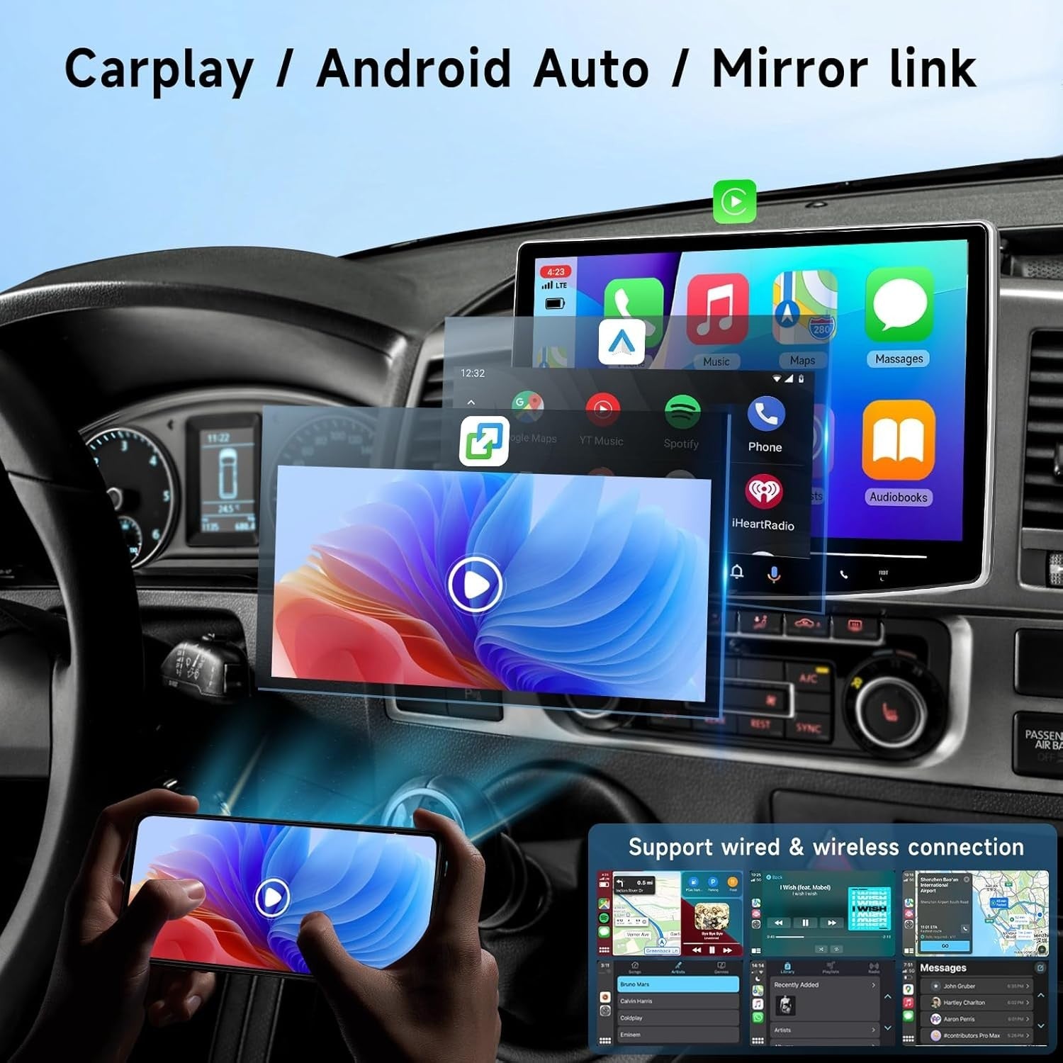 10.1" Android Car Stereo 1 Din Touchscreen Wireless CarPlay GPS Radio