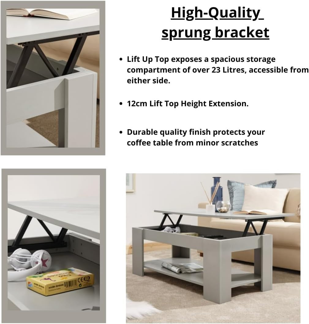 Modern Lift Top Coffee Table with Hidden Storage & Shelf Grey 105x50cm