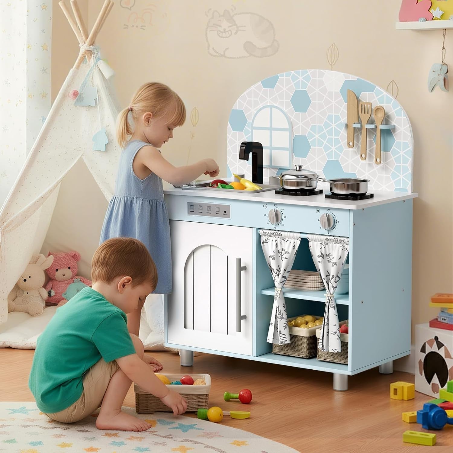 Kids Wooden Play Kitchen w/ Sound Stove Storage Blue Toy Set