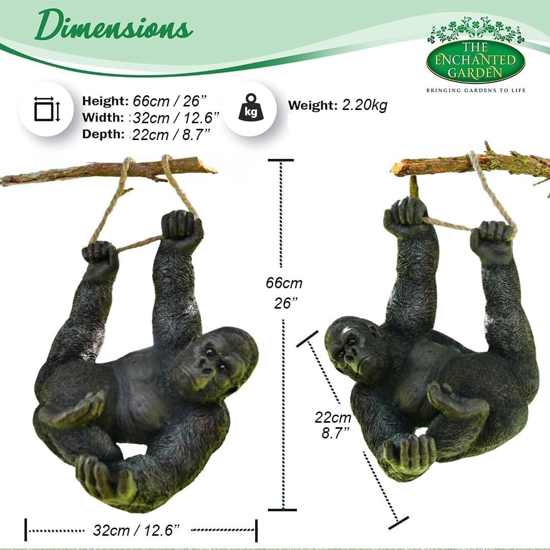 Hanging Gorilla Garden Ornament | Large Resin Outdoor Statue Tree Swing Decor
