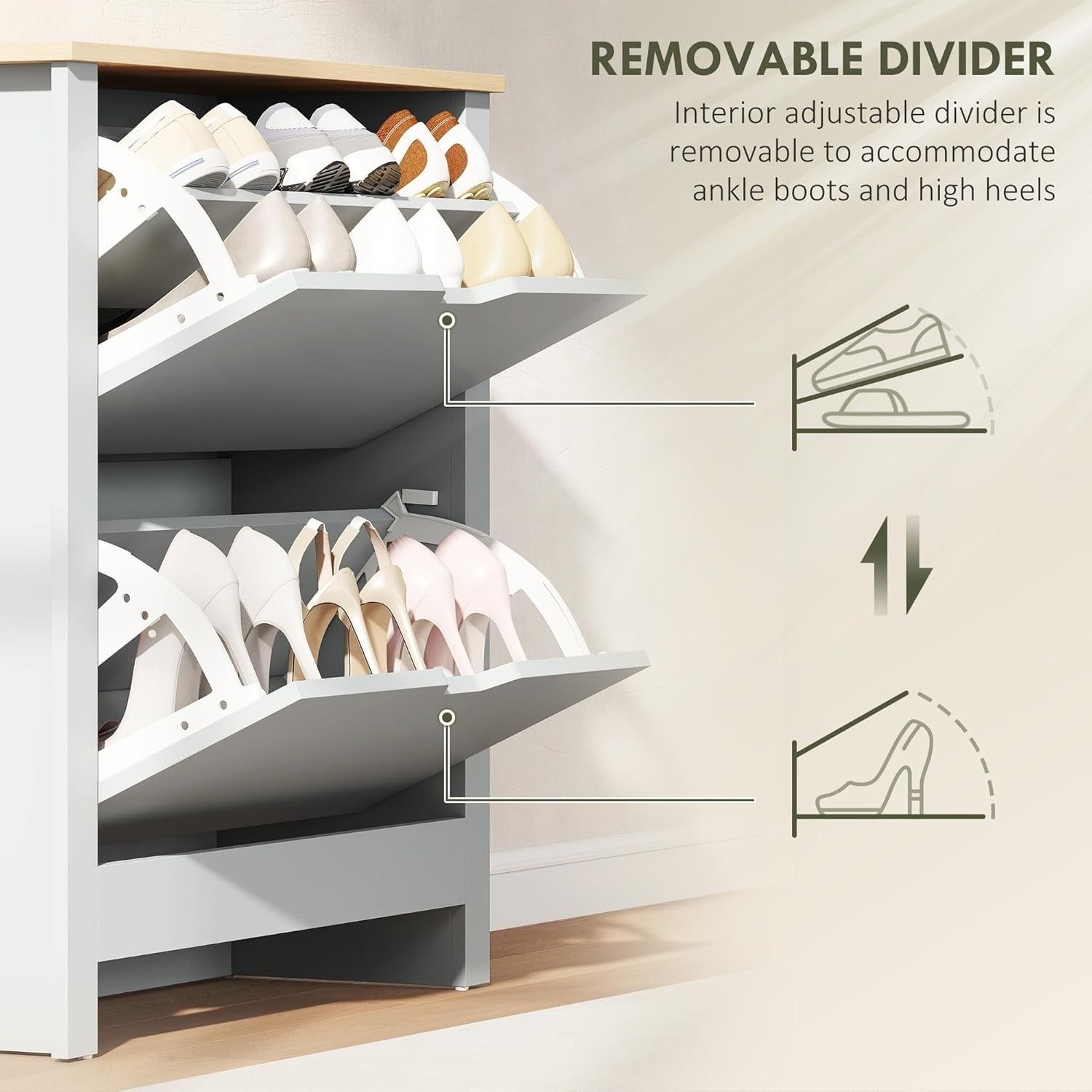 Slim Light Grey Shoe Cabinet 2 Flip Drawers Narrow Storage Unit Modern
