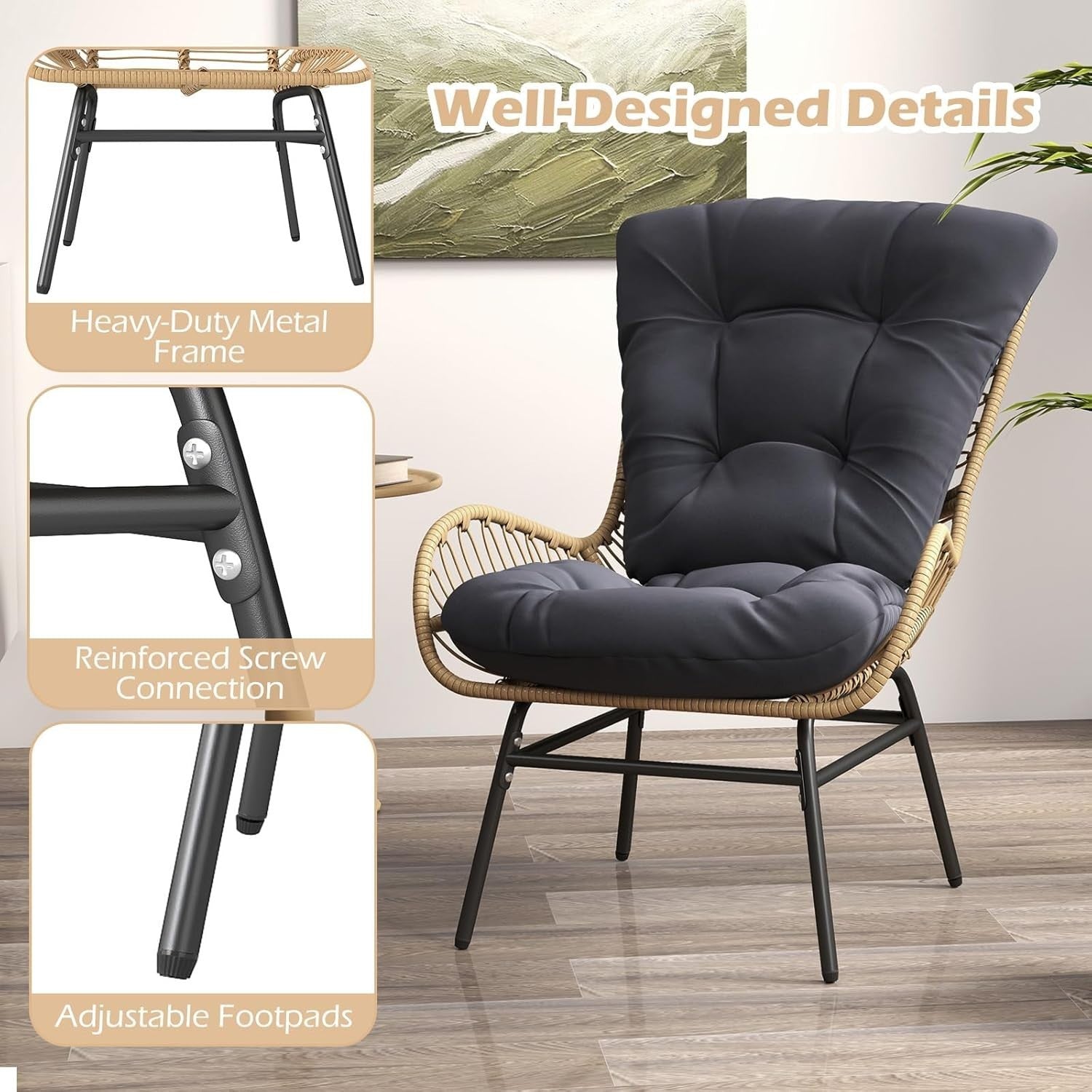 Cushioned Rattan Garden Armchair Lounge Seat Metal Frame Patio Balcony