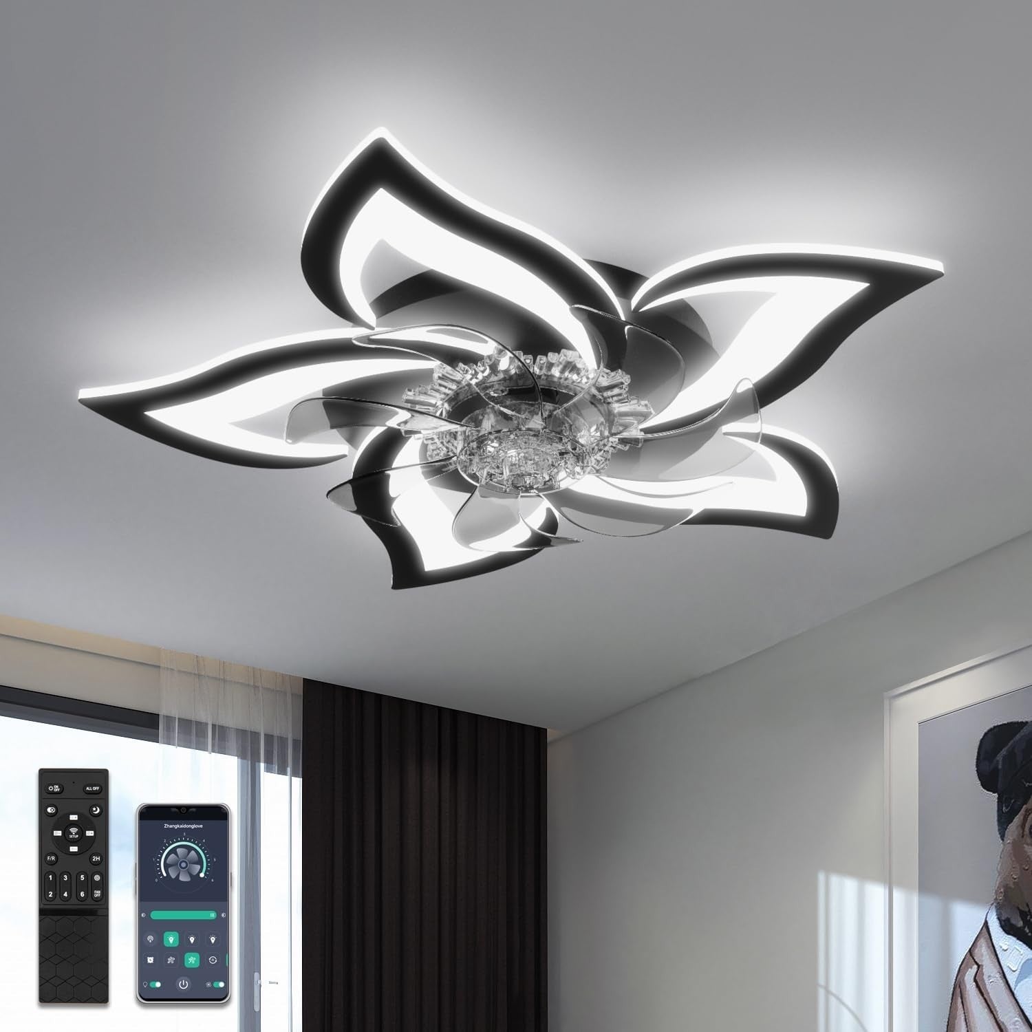 Black Ceiling Fan with Lights, 6 Speeds, Dimmable LED