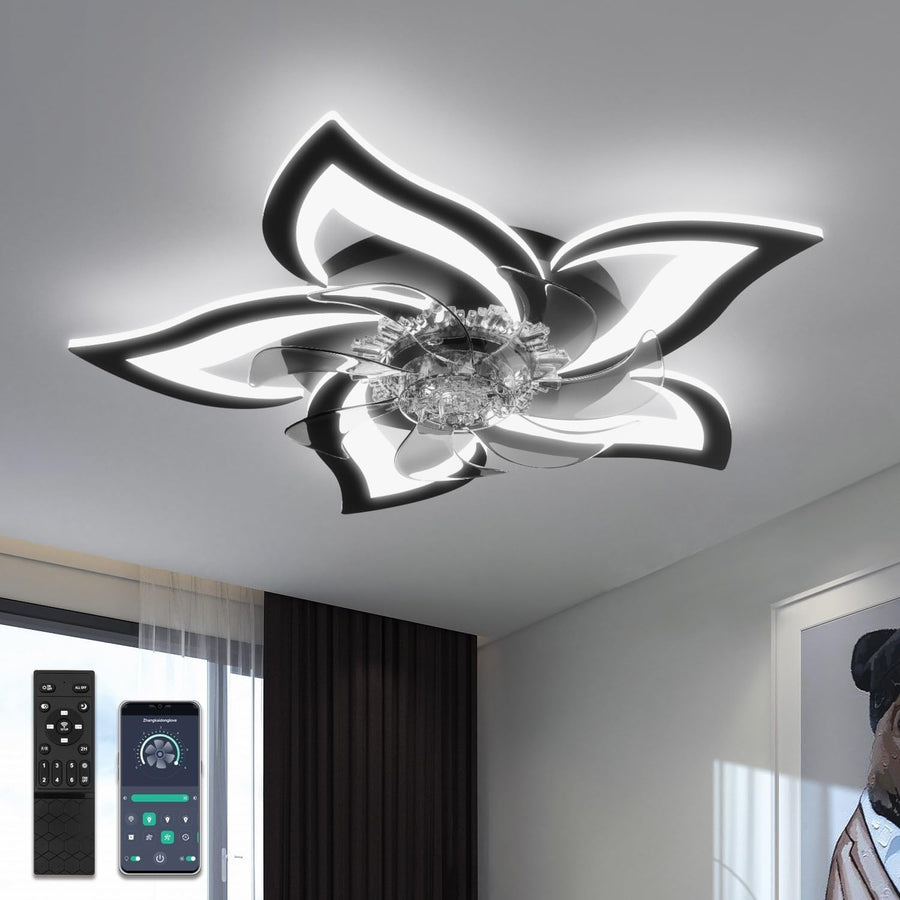 Black Ceiling Fan with Lights, 6 Speeds, Dimmable LED