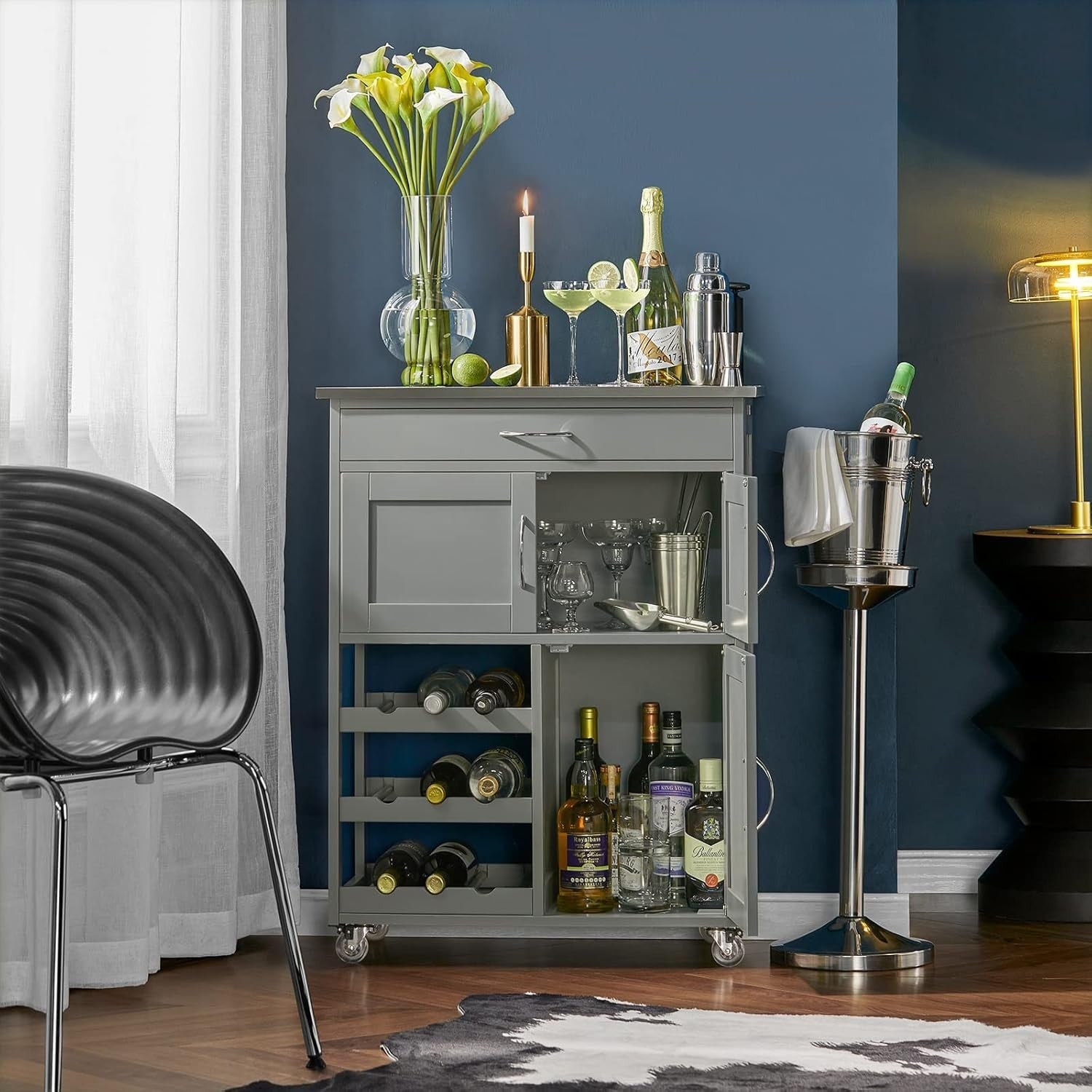 67x38x86cm Grey Kitchen Trolley Wine Rack Cart