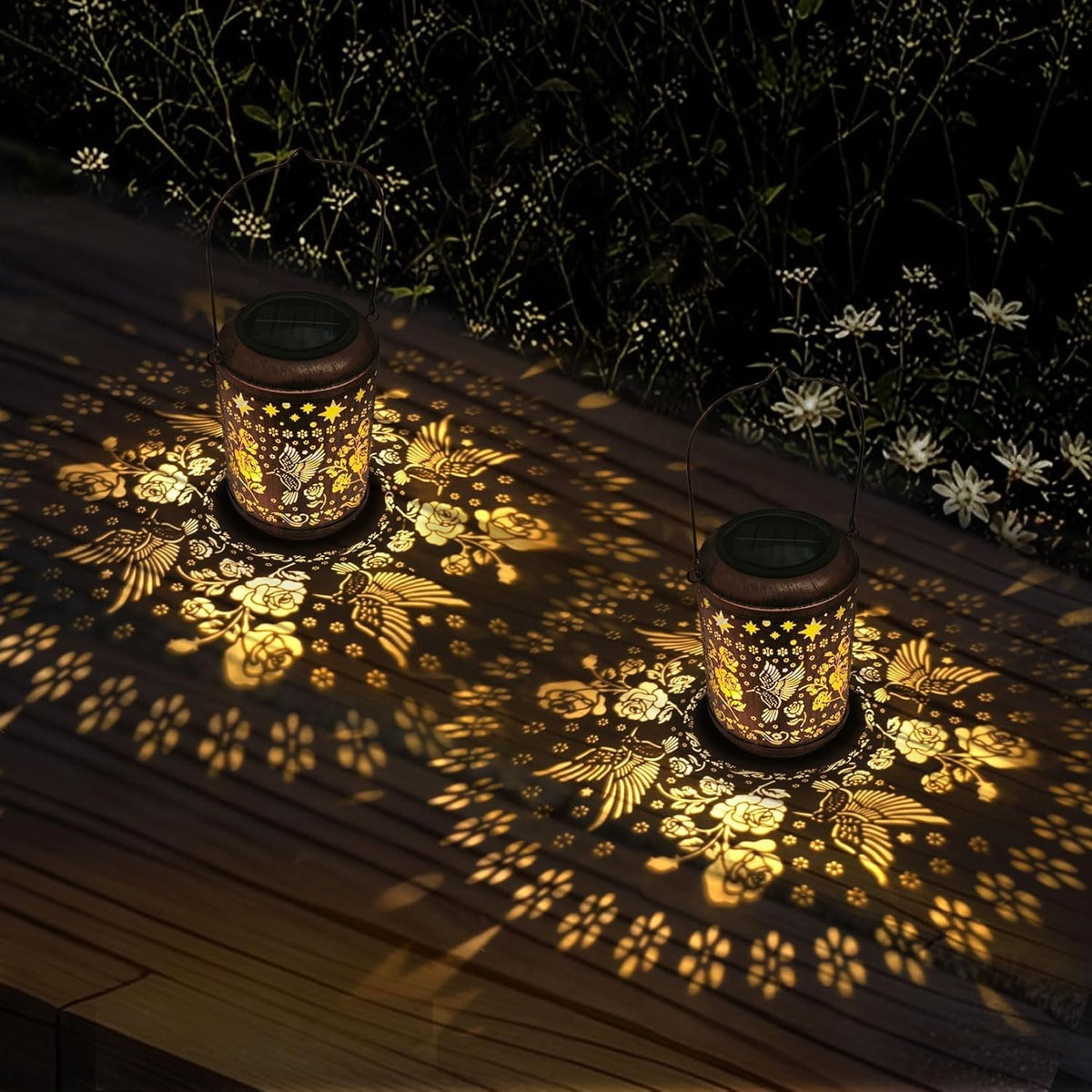 2-Pack Solar Hummingbird Lanterns Bronze LED Garden Lights