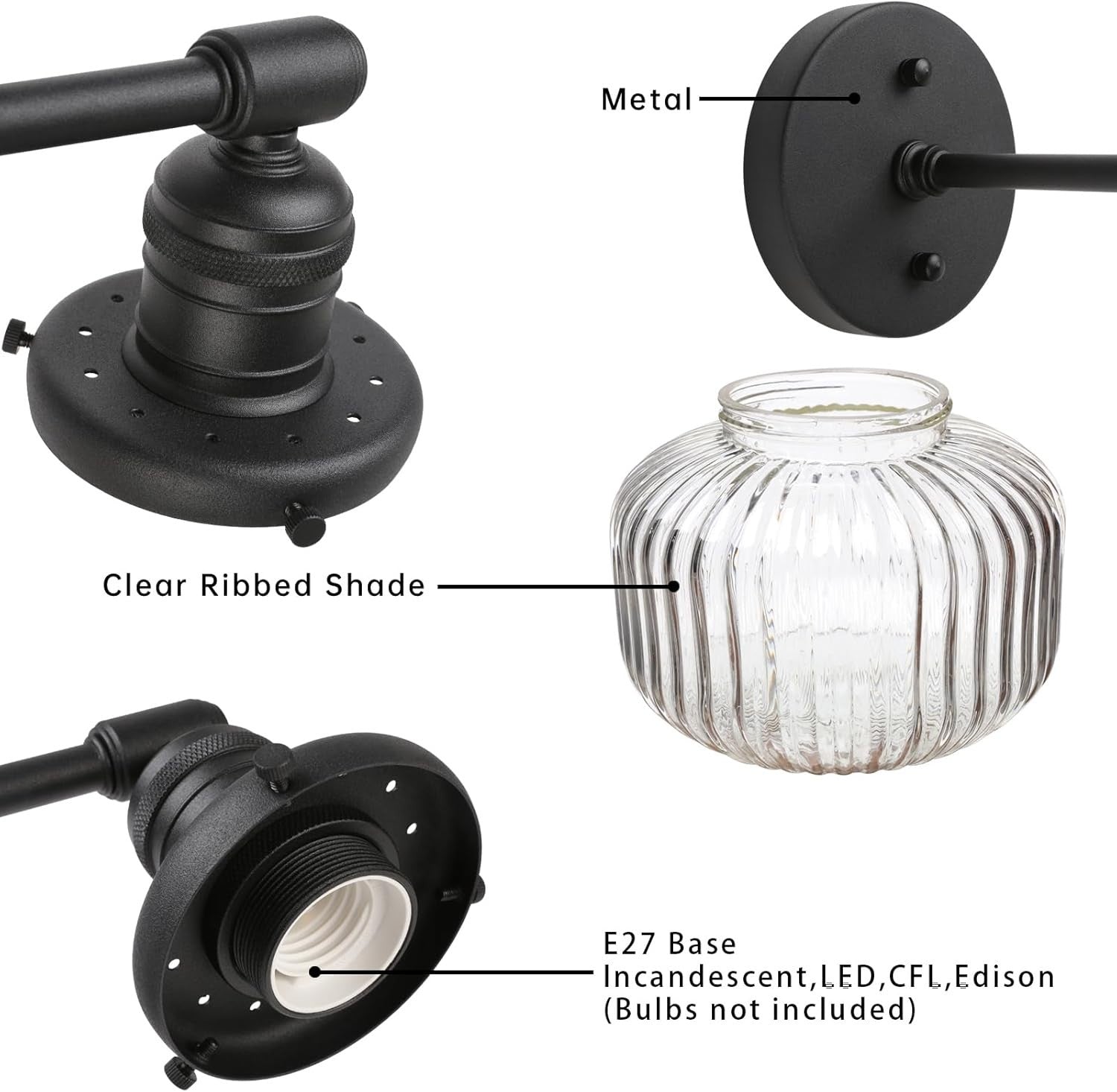 Industrial 2-Light Black Glass Wall Sconce | Vintage Bathroom Vanity Light